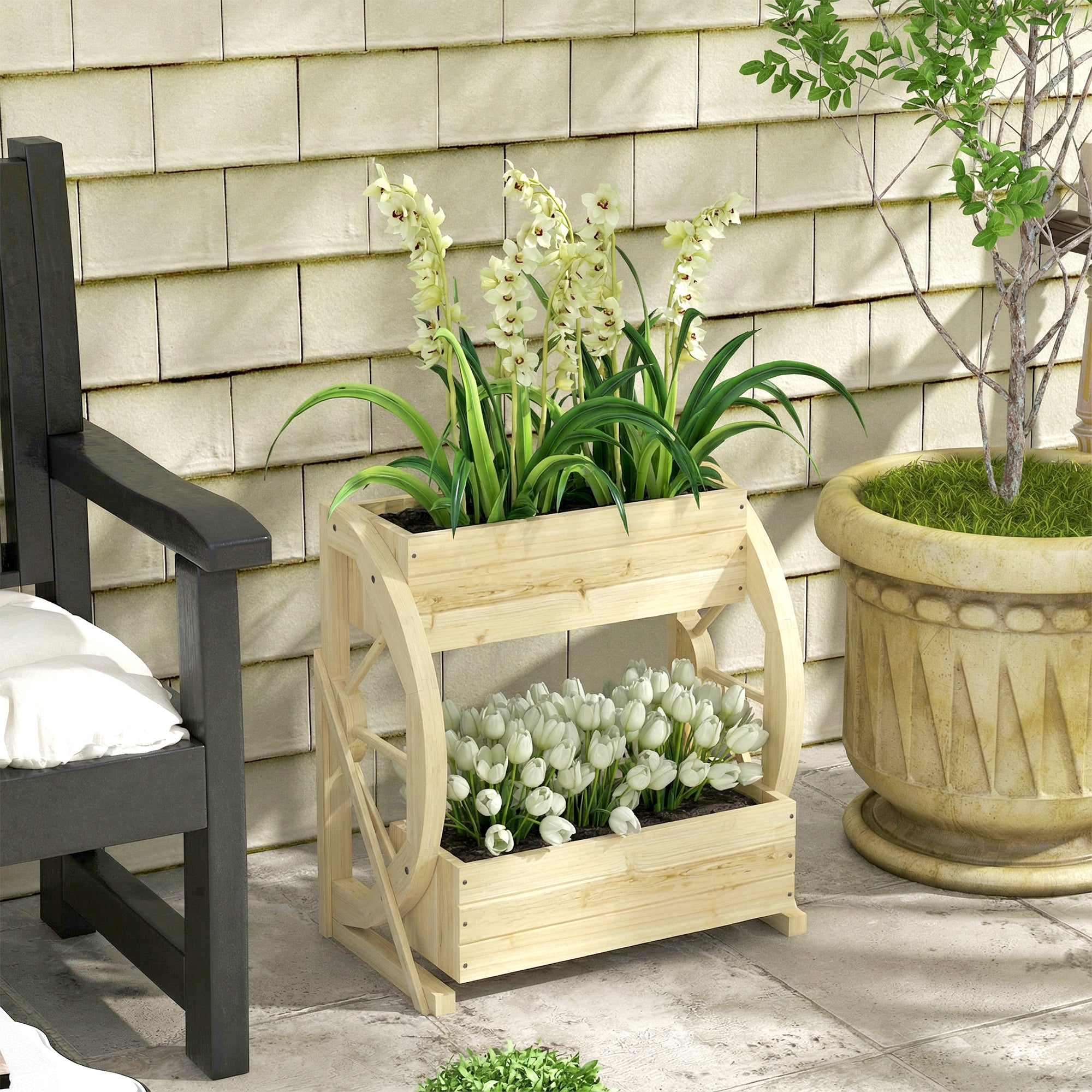 Wooden Wagon Planter Box, 2-Tier Raised Garden Bed, for Vegetables Flowers Herbs, Natural