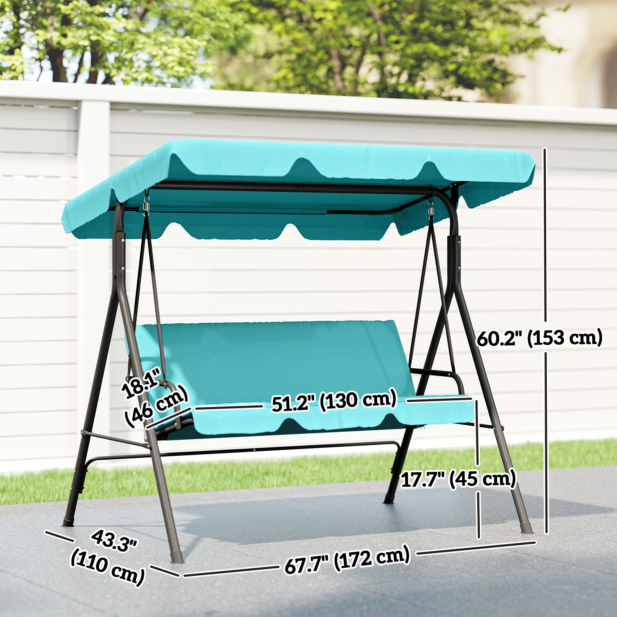 3-Seater Outdoor Porch Swing with Adjustable Canopy, Patio Swing Chair for Garden, Poolside, Backyard, Teal
