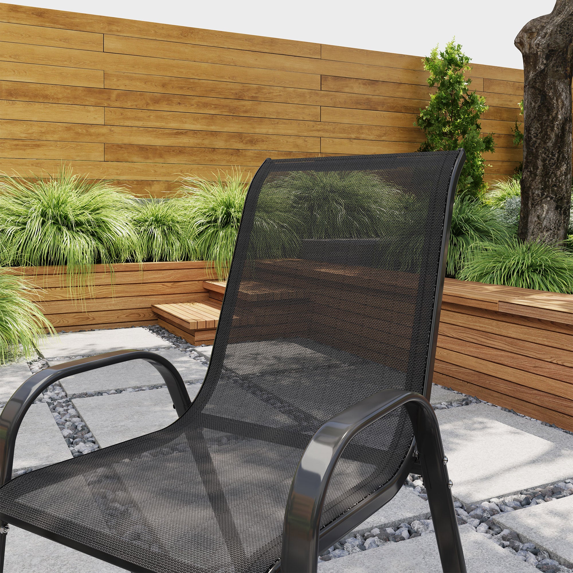 Set of 2 Outdoor Dining Chairs, Stackable Lawn Chairs with High Back, Breathable Mesh Seat for Garden Porch, Black