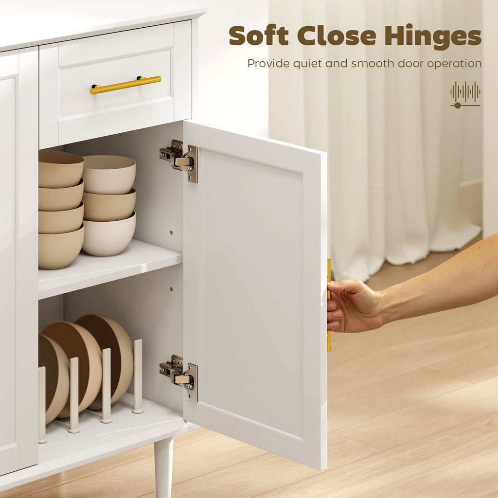 55" Buffet Cabinet with Soft-Close Doors, Modern Sideboard with 2 Drawers, 3 Adjustable Shelves and 4 Doors, White