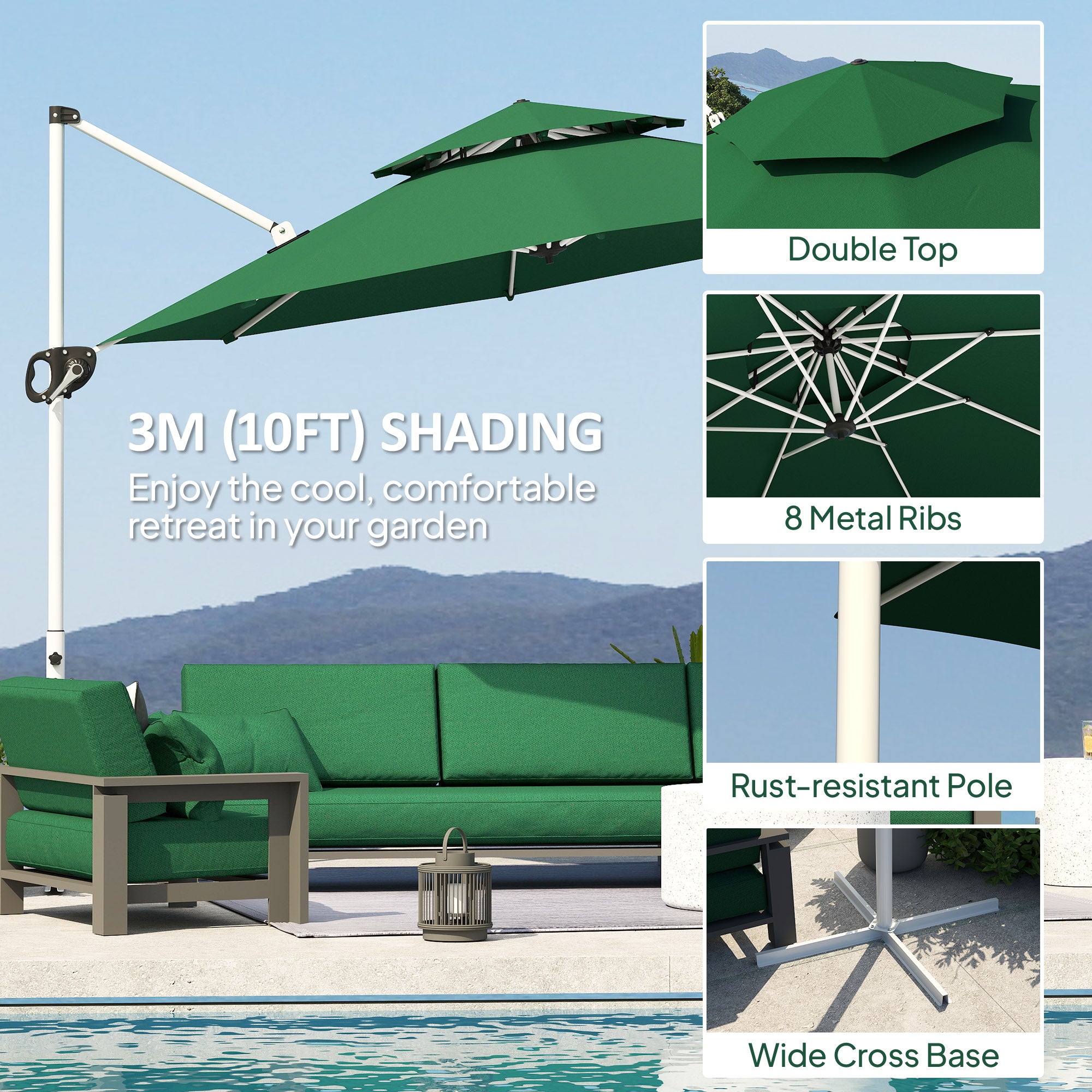 10 FT Cantilever Patio Umbrella with 360Â° Rotation & Adjustable Height, Cross Base, Crank and Tilt, Dark Green