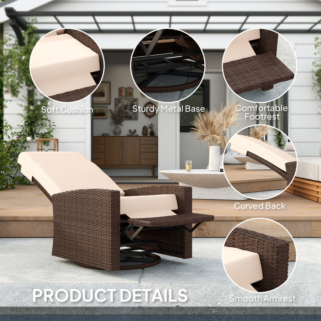 Outdoor Rattan Wicker Lounge Chair with Footrest & Soft Cushion for Patio, Garden, Backyard, Cream White