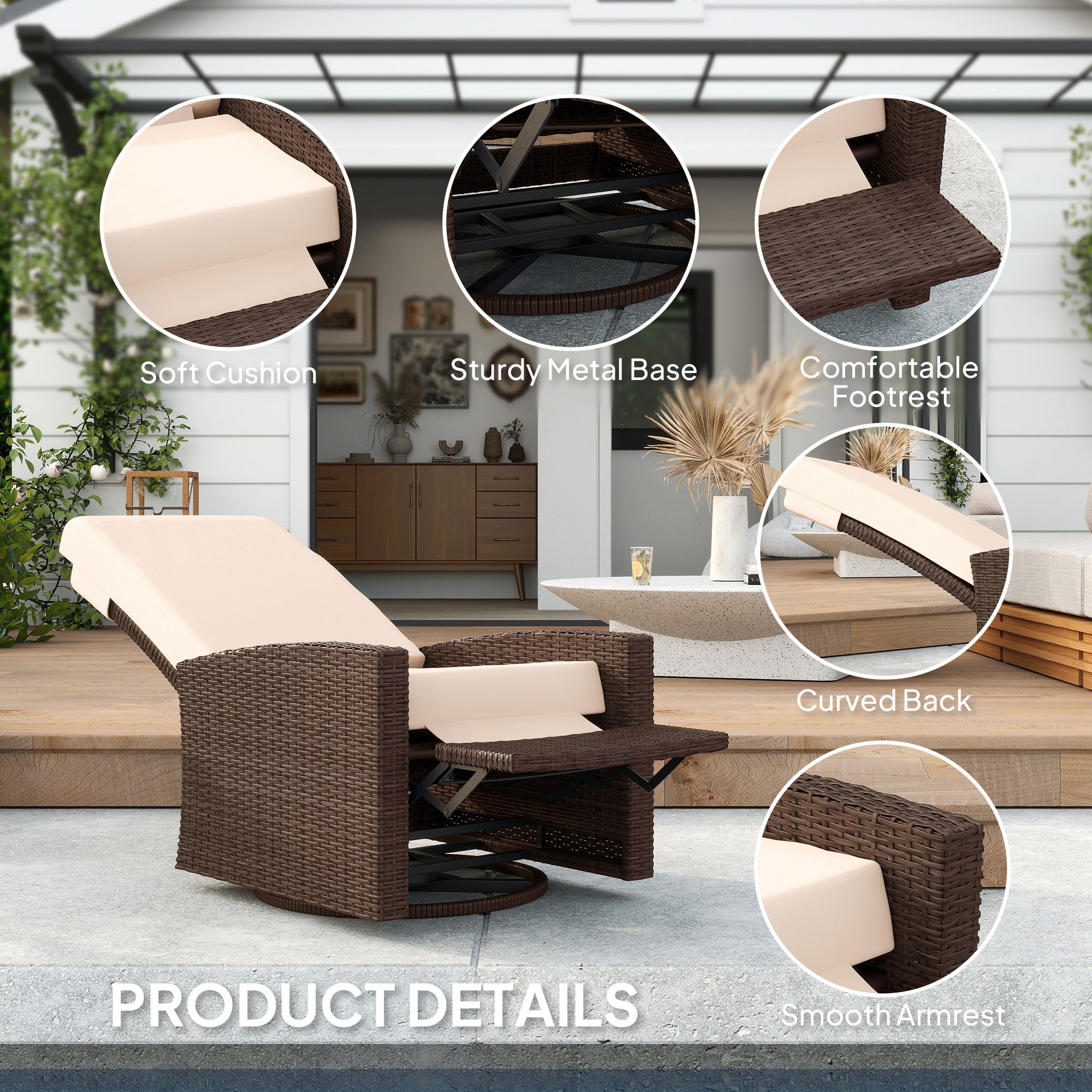 Outdoor Rattan Wicker Lounge Chair with Footrest & Soft Cushion for Patio, Garden, Backyard, Cream White