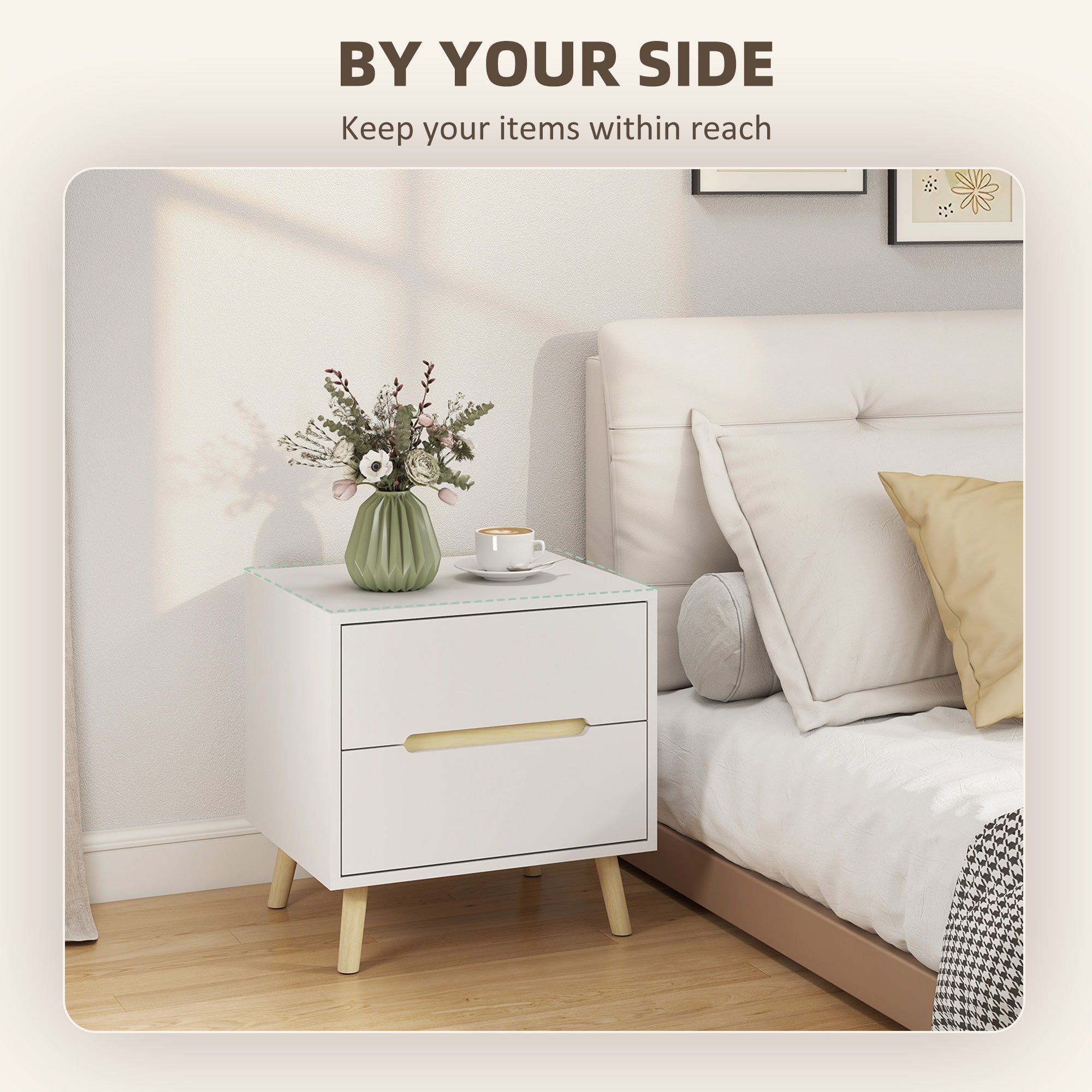 Nightstands Set of 2, Bedside Table with 2 Drawers, Modern Side End Table with Solid  Wood Legs for Bedroom, White