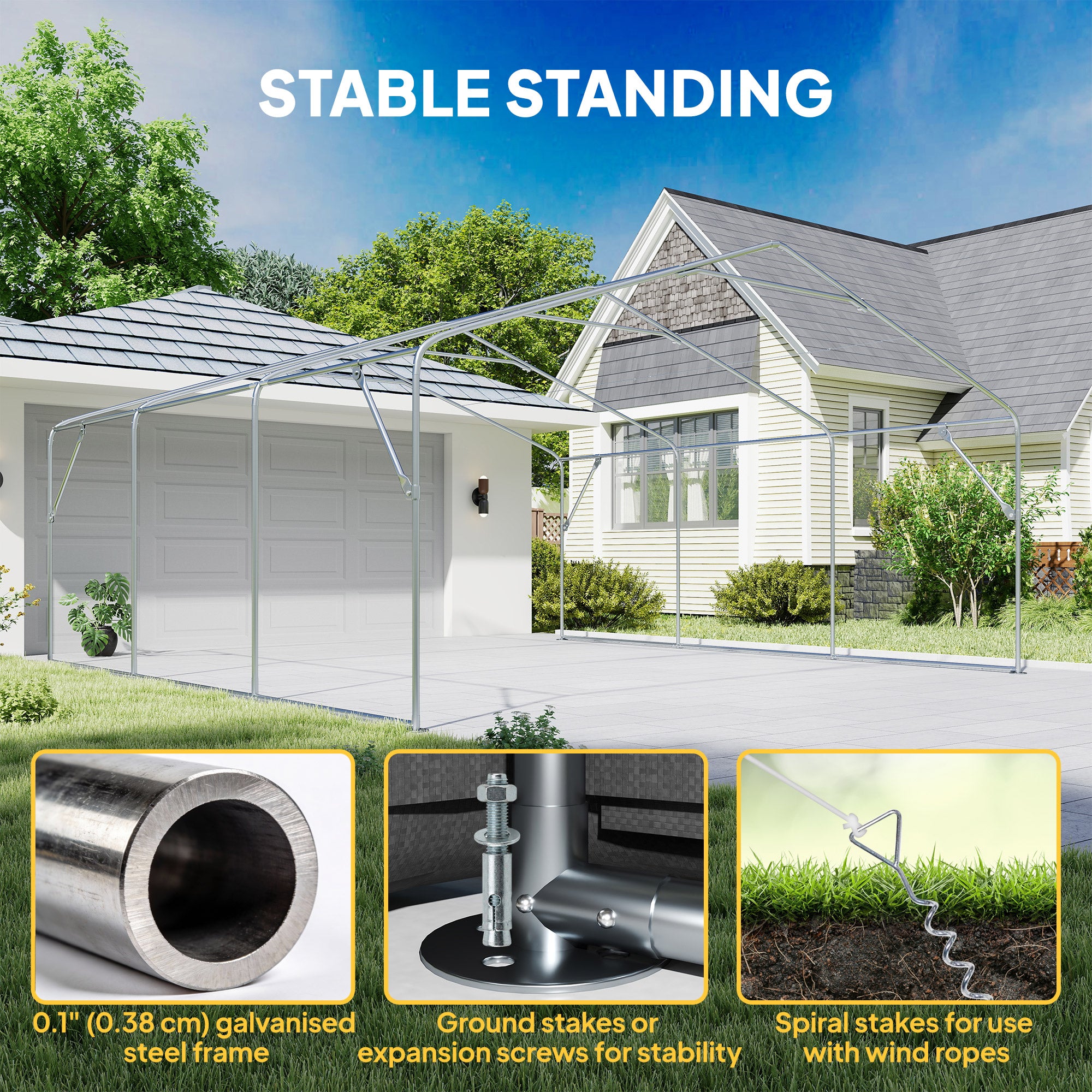 20' x 20' Heavy Duty Carport, Portable Garage Car Canopy Tent Shelter with 3 Roll-up Doors, 4 Windows, Dark Grey