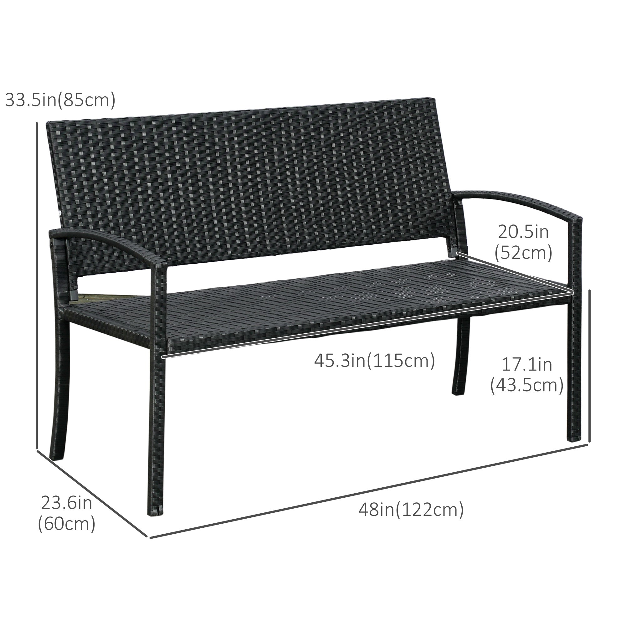 Rattan Wicker Loveseat Garden Bench Hand Woven Portable Backyard Black
