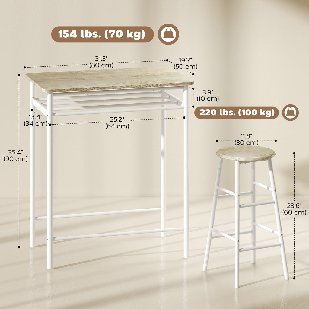 3 Piece Counter Height Bar Table Set with 1 Table, 2 Matching Stools, Dining Table Set with Storage Shelf and Metal Frame Footrest, White and Oak