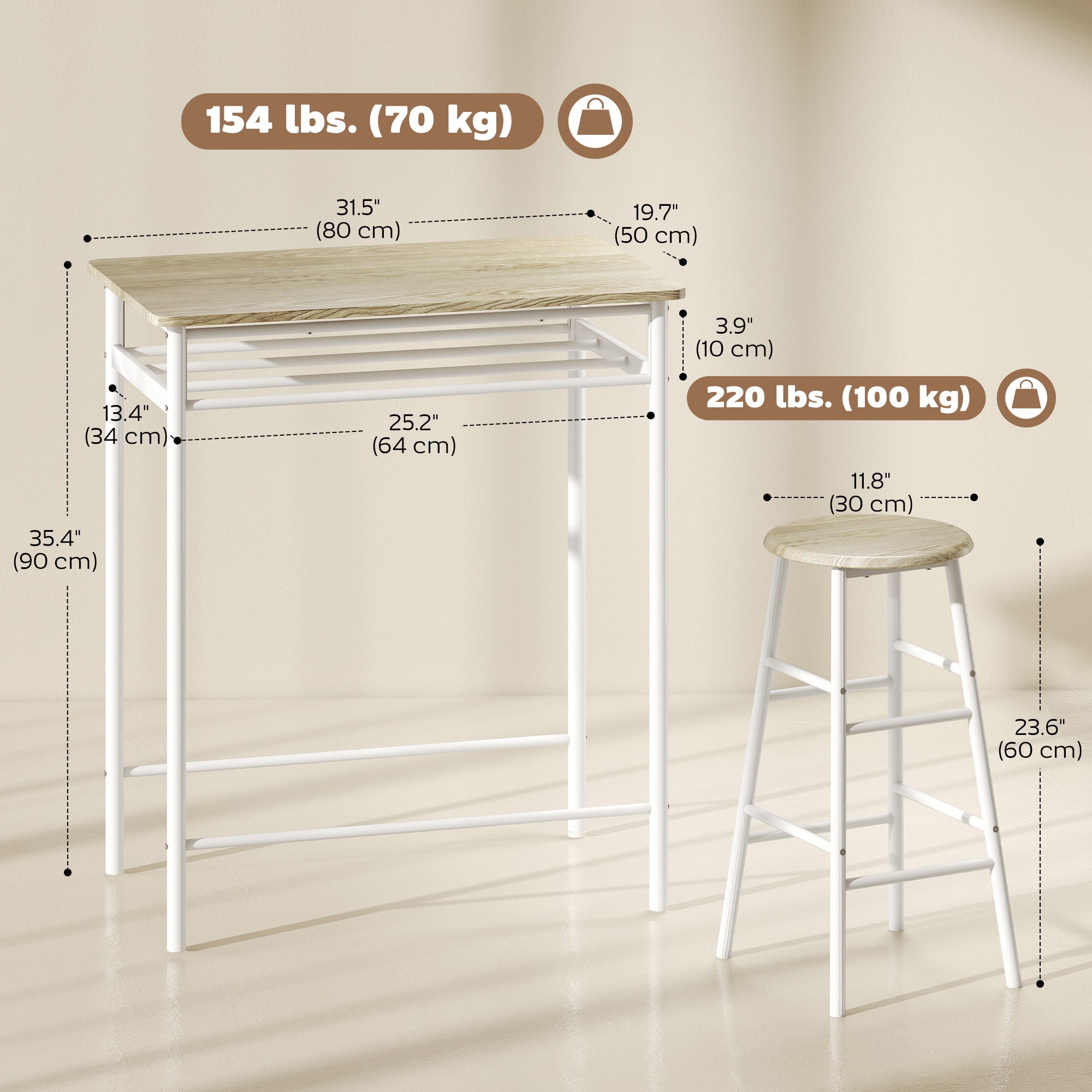 3 Piece Counter Height Bar Table Set with 1 Table, 2 Matching Stools, Dining Table Set with Storage Shelf and Metal Frame Footrest, White and Oak