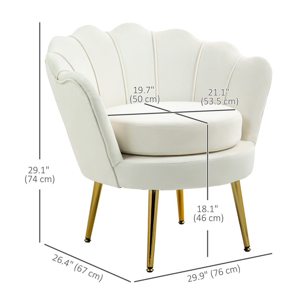 Modern Accent Chair, Velvet-Touch Fabric Leisure Club Chair with Gold Metal Legs for Bedroom, Cream White