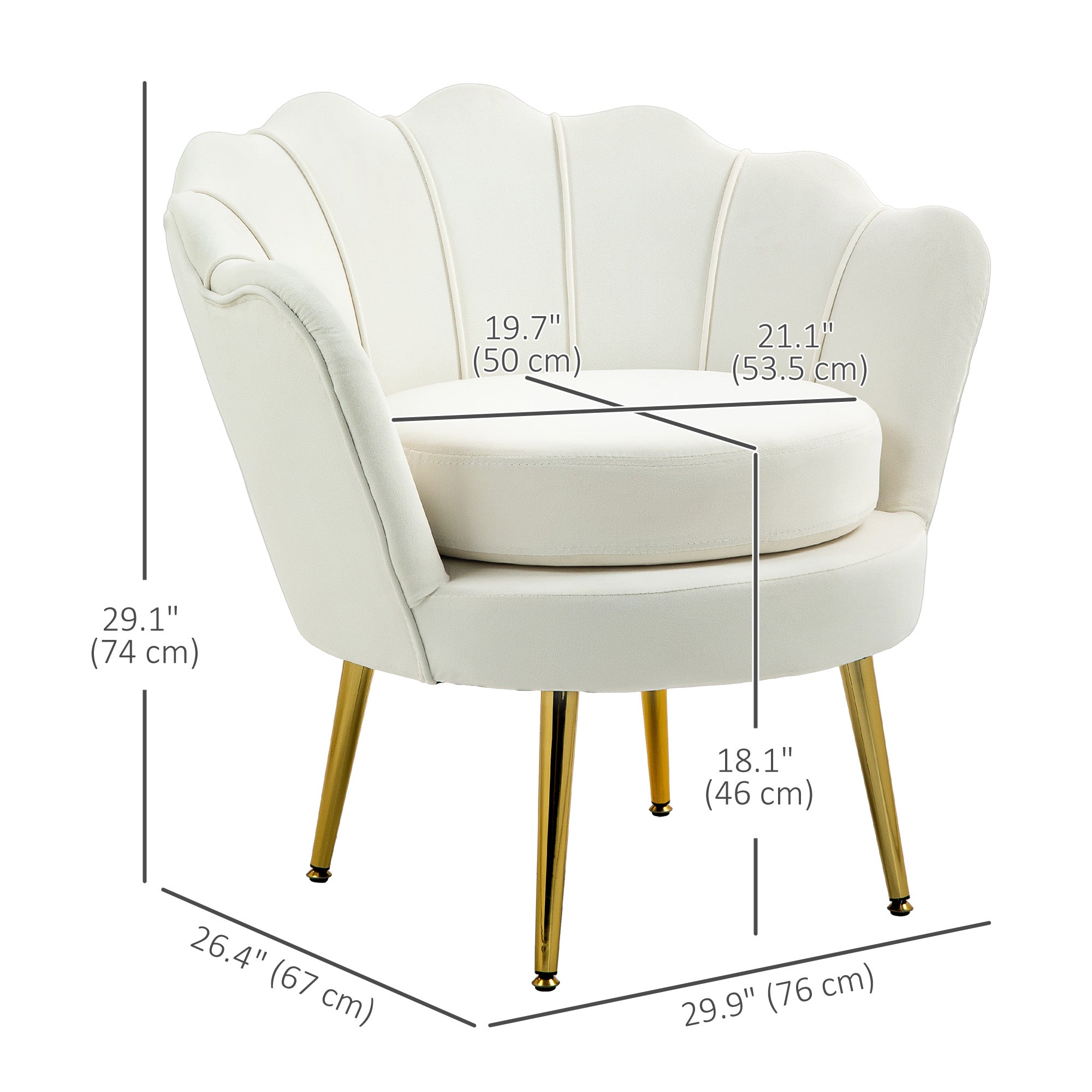 Modern Accent Chair, Velvet-Touch Fabric Leisure Club Chair with Gold Metal Legs for Bedroom, Cream White