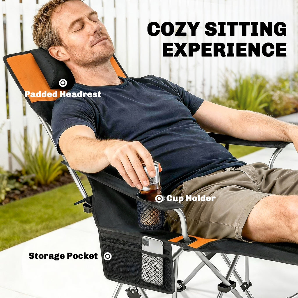 Set of 2 Reclining Camping Chair with Foot Rest, Folding Camping Chair w/ Headrest, Cup Holder, Storage Bag, Orange