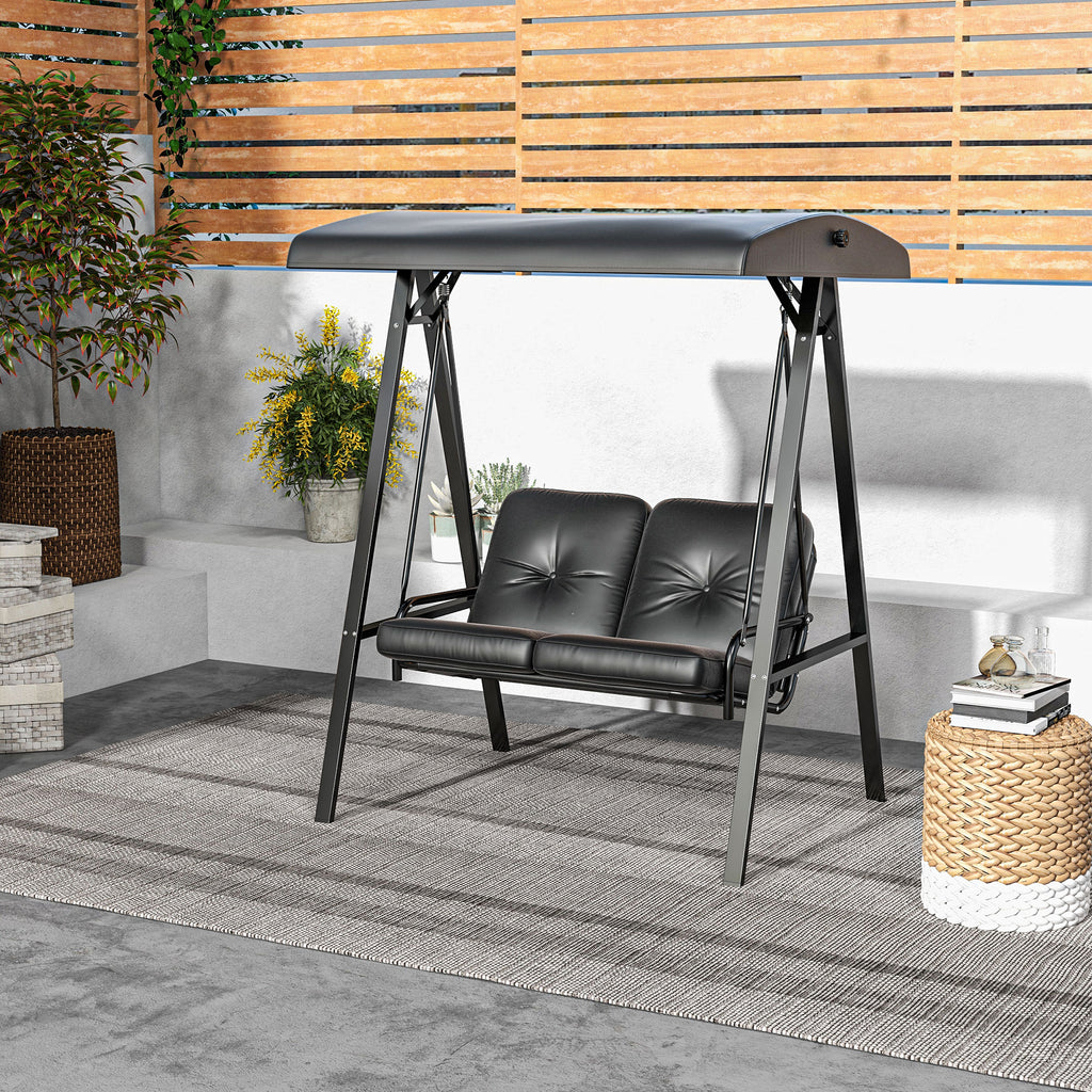 2-Seater Outdoor Porch Swing with Adjustable Canopy, Patio Swing Chair for Garden, Poolside, Backyard, Black