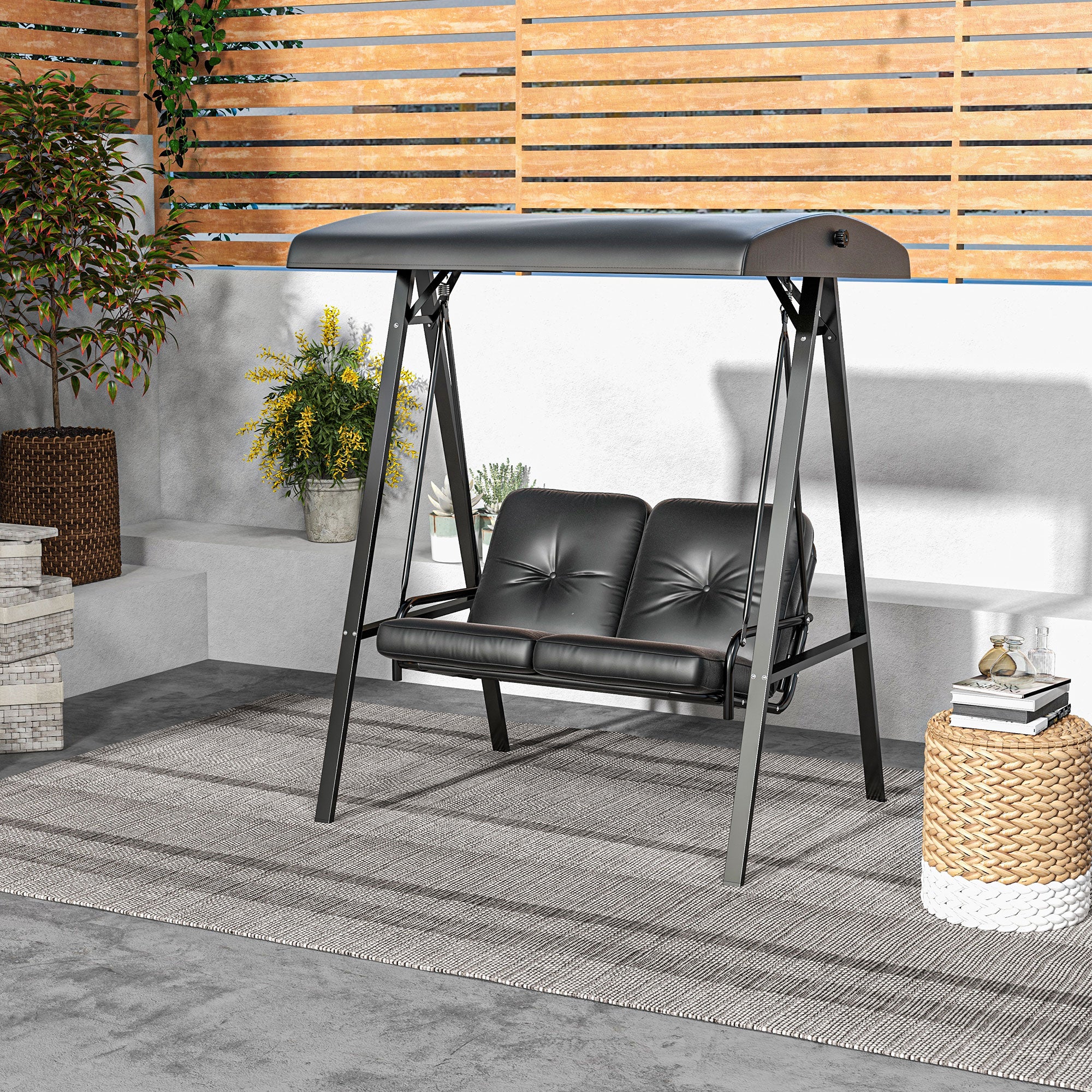 2-Seater Outdoor Porch Swing with Adjustable Canopy, Patio Swing Chair for Garden, Poolside, Backyard, Black