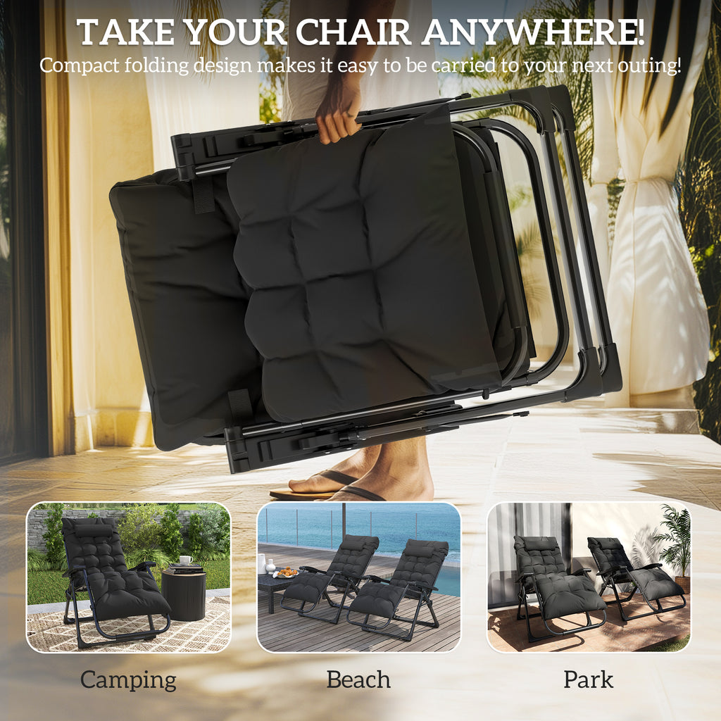 Folding Garden Chairs Set of 2, Reclining Zero Gravity Chair, Sun Lounger with Cushion and Headrest, Black