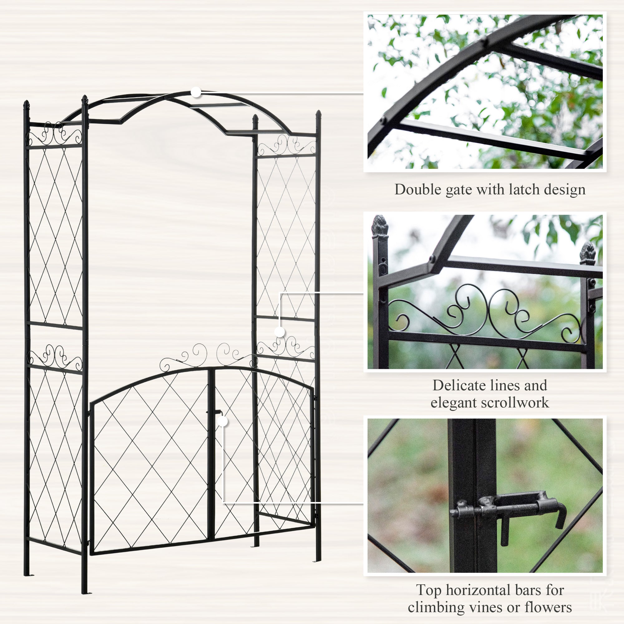 7FT Metal Garden Arch with Gate Climbing Planter Frame Backyard Decor for Vines Morning Glory Black