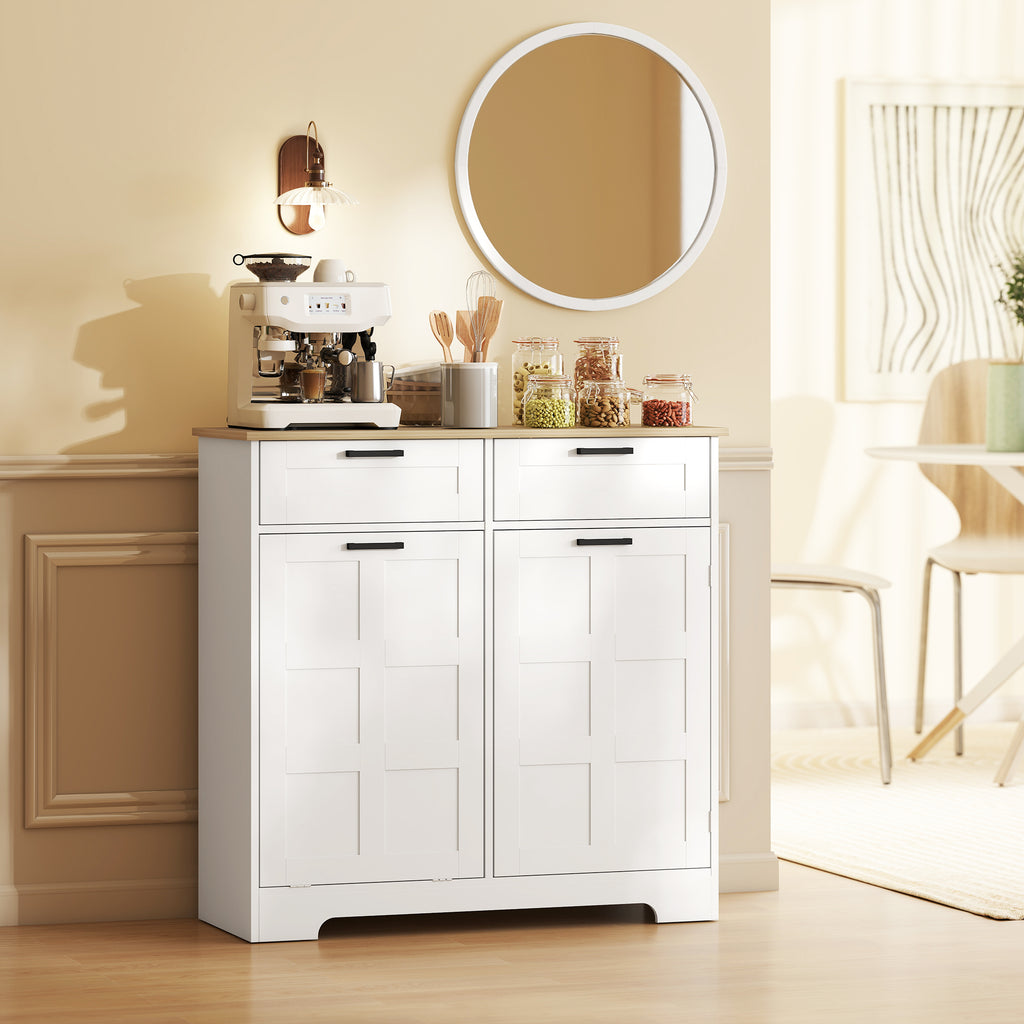 13 Gallon Tilt Out Garbage Cabinet, Kitchen Island with Trash Cabinet, 2 Drawers, Door Racks, Adjustable Shelves, White