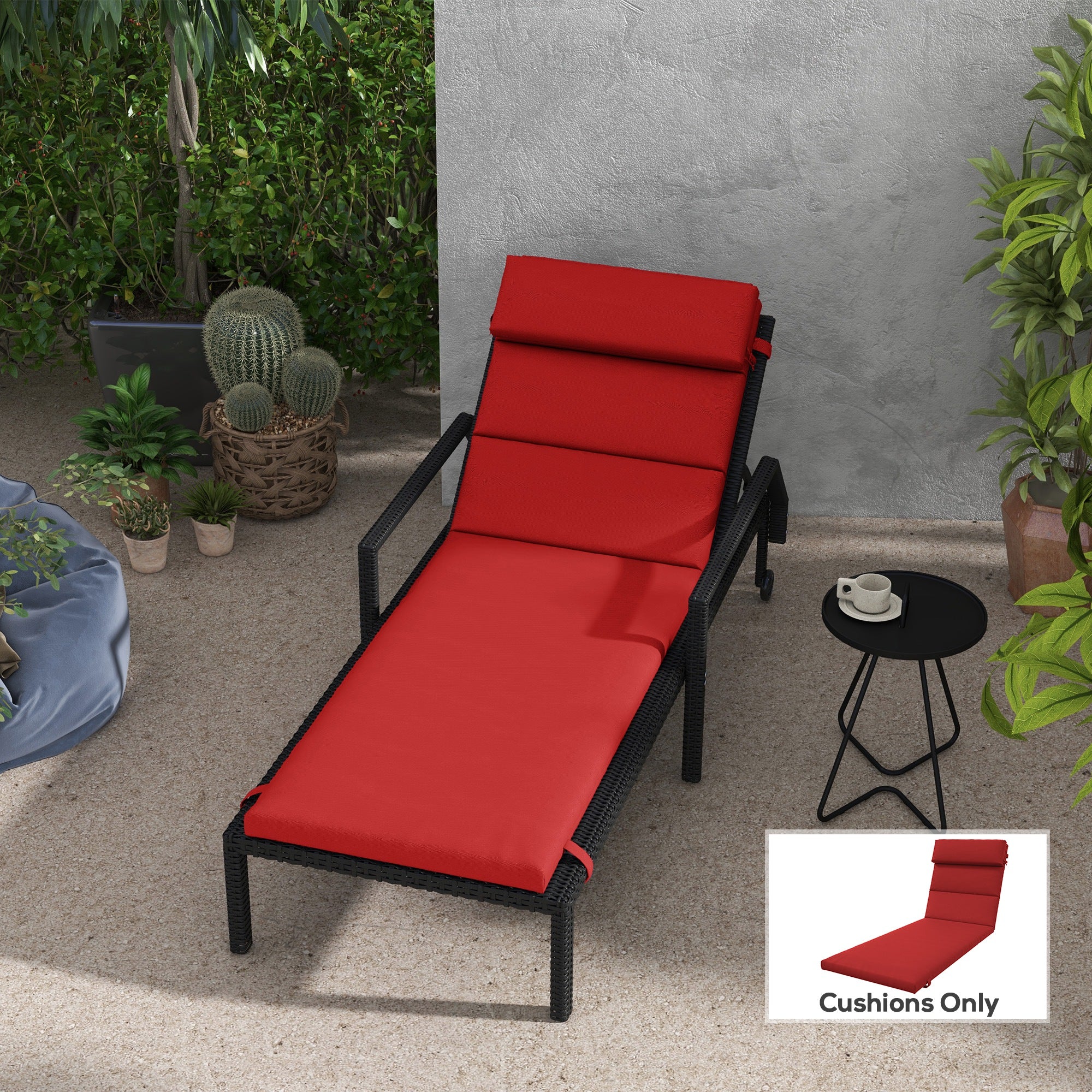 Patio Chaise Lounge Chair Cushion Replacement Sun Lounger Pads with Headrest and Ties, Wine Red