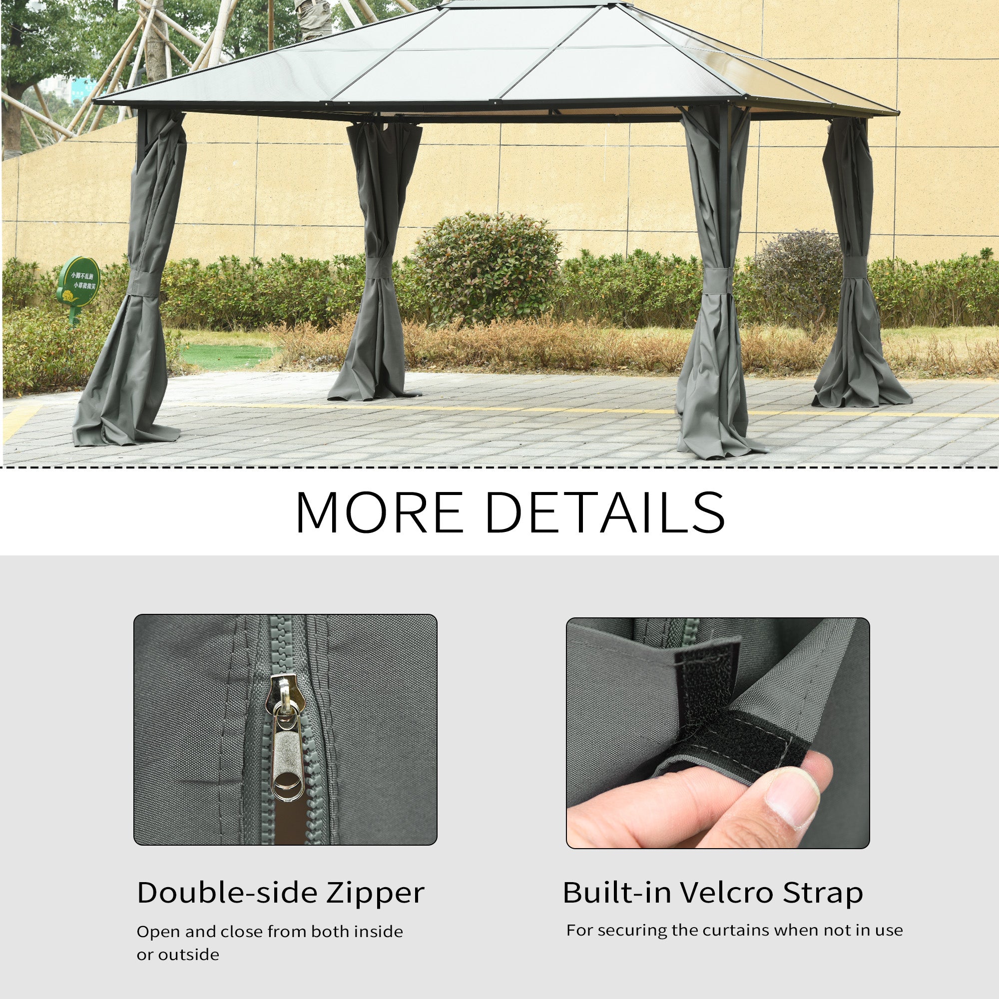 Gazebo Curtains, 10' x 12' Universal Replacement Privacy Curtain, 4-Panels Sidewall with Hooks/C-Rings, Dark Grey