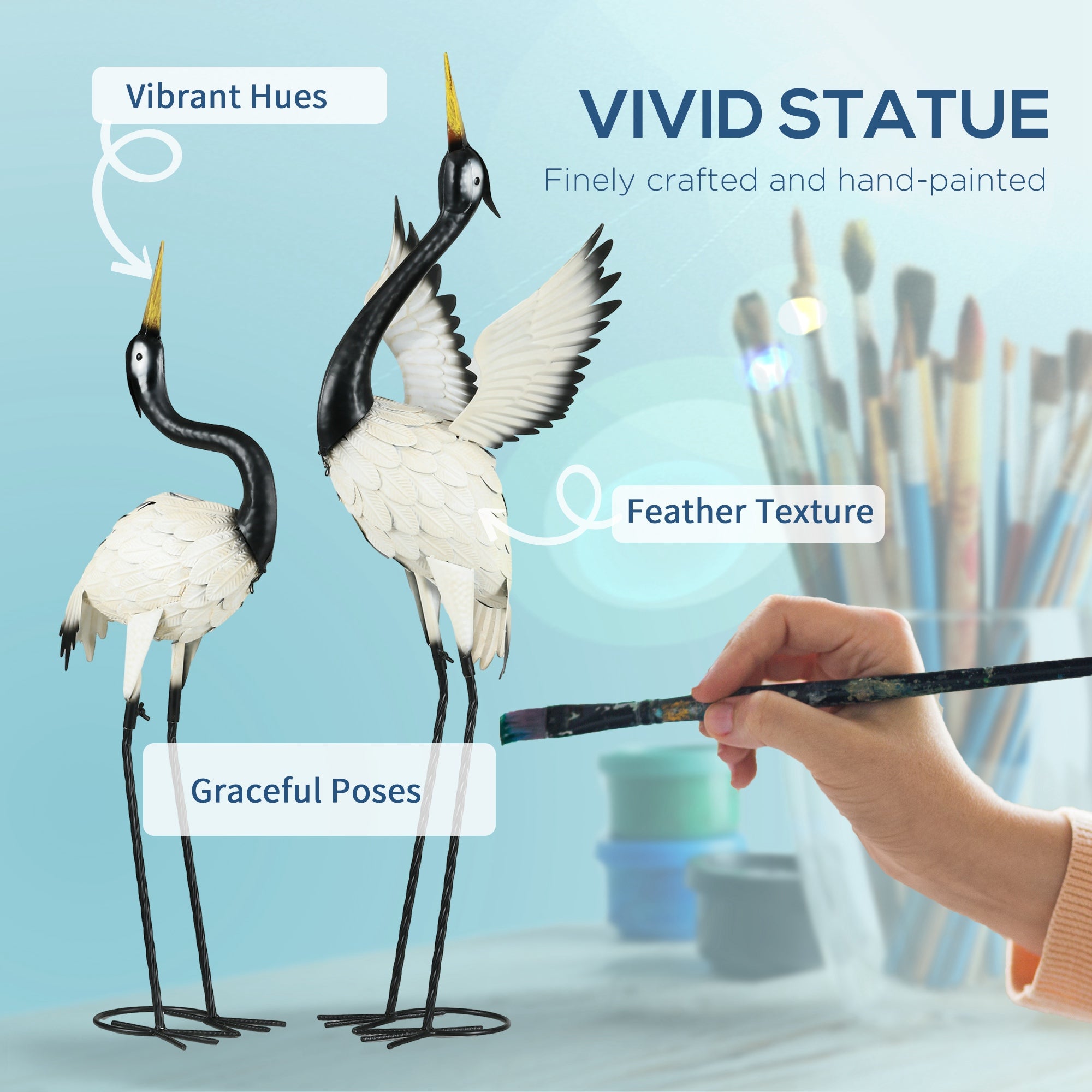 Set of 2 Garden Sculptures Heron Statues Lawn Patio Backyard Ornaments, 35.4"-40.6", White and Black