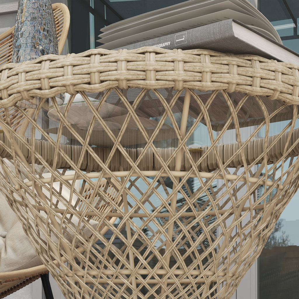 Wicker Outdoor Coffee Table, 18" Round Drum-Style Outdoor Patio Table with Tempered Glass Top, Light Brown