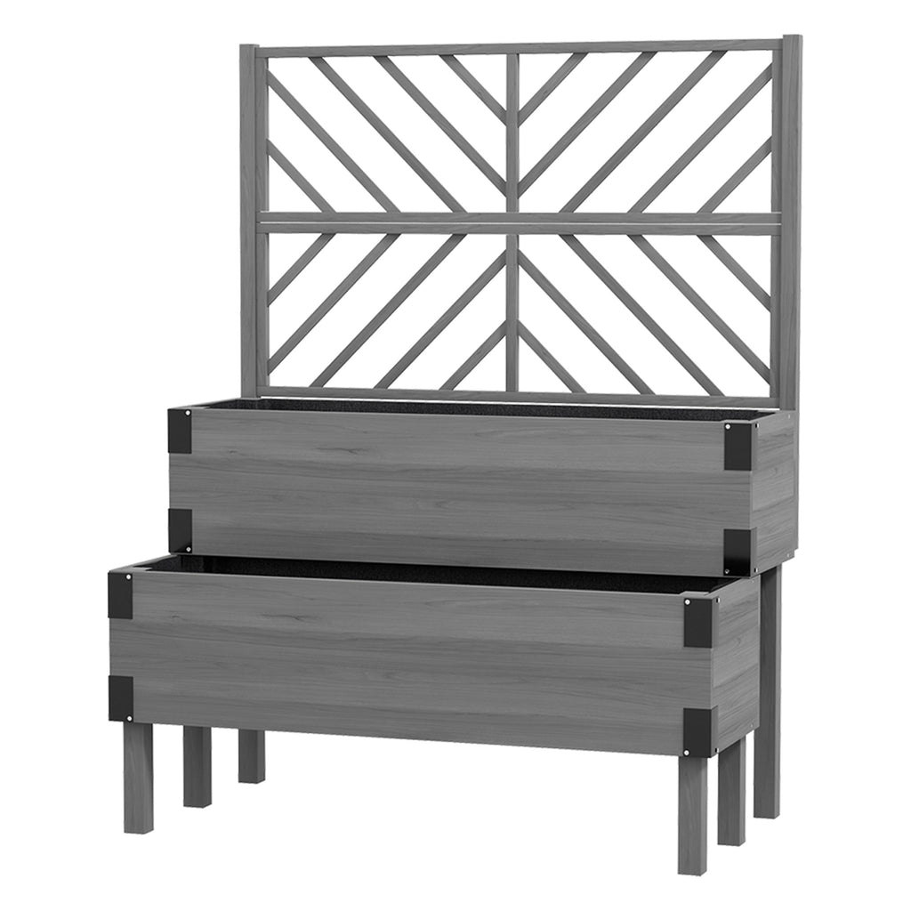 Raised Garden Bed with Trellis, 2 Tier Wooden Elevated Planter Box  for Vegetables, Flowers, Herbs, Grey