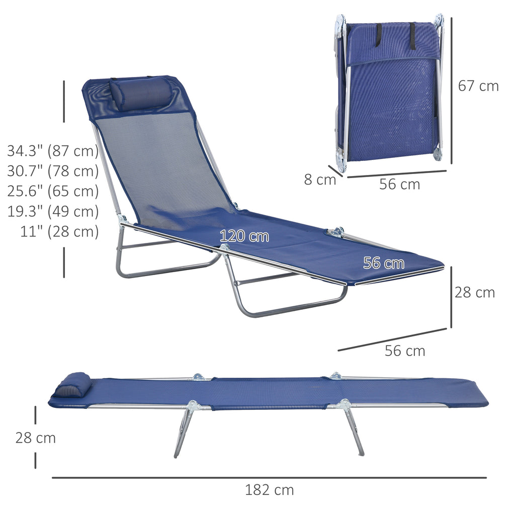 Set of 2 Folding Chaise Lounge Chairs, Outdoor Poolside Sun Tanning Chairs w/ Pillow, Reclining Backrest, Dark Blue