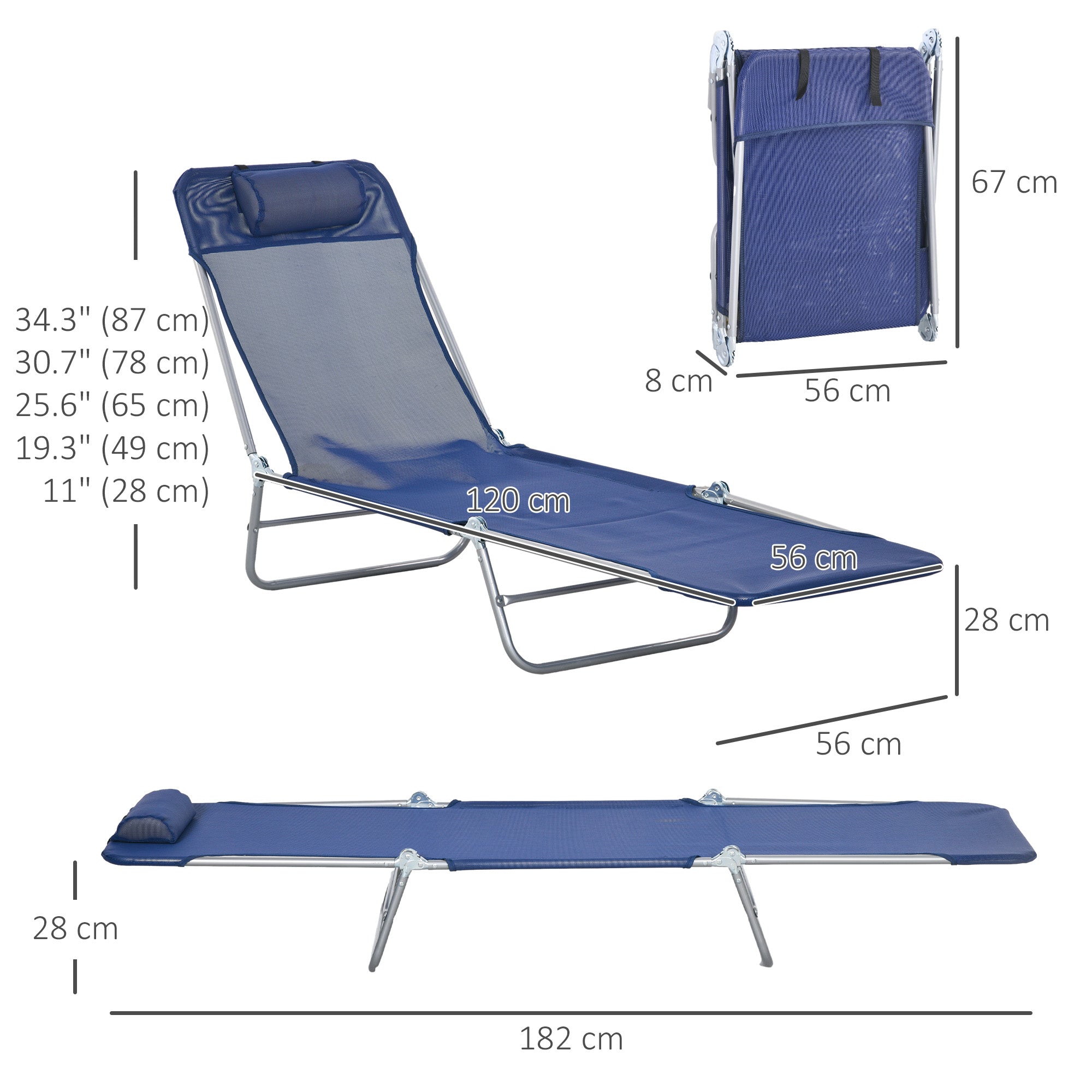 Set of 2 Folding Chaise Lounge Chairs, Outdoor Poolside Sun Tanning Chairs w/ Pillow, Reclining Backrest, Dark Blue