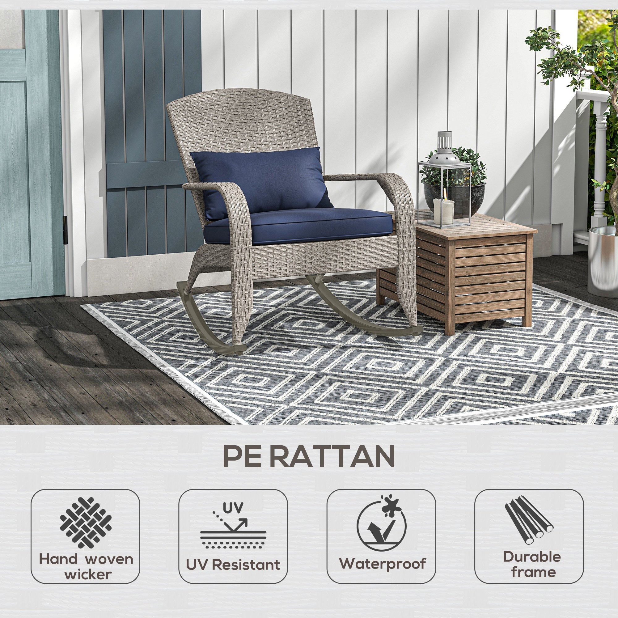 Adirondack Chair, Outdoor Wicker Rocking Chair with High Back, Seat Cushion and Pillow for Porch, Balcony, Dark Blue