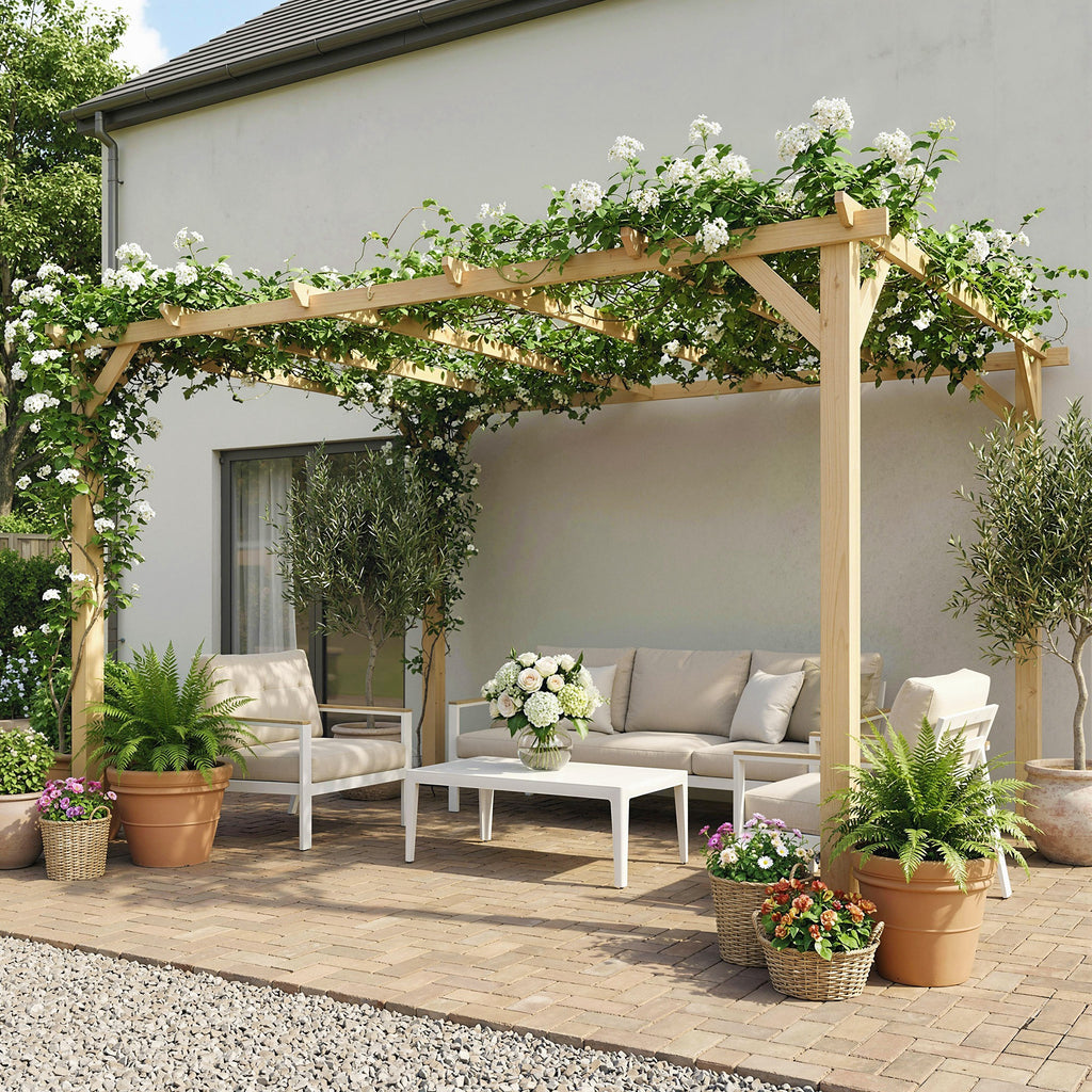 10' x 13' Wooden Pergola, Outdoor Pergola Gazebo Grape Trellis with Triangle Supports, Concrete Anchors, Nature Wood