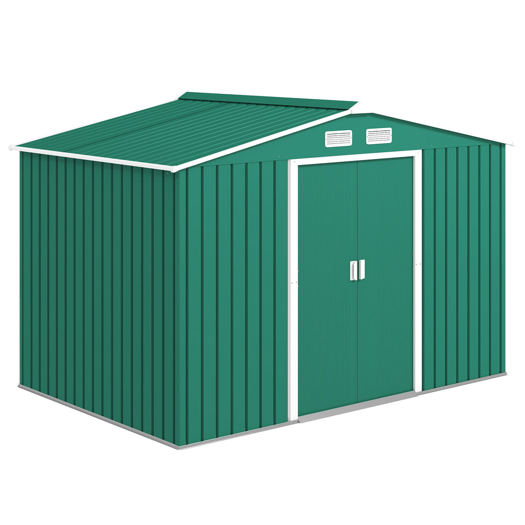 9.1' x 6.4' x 6.3' Garden Storage Shed w/ Foundation Kit Metal Tool Storage House w/ Double Doors Green