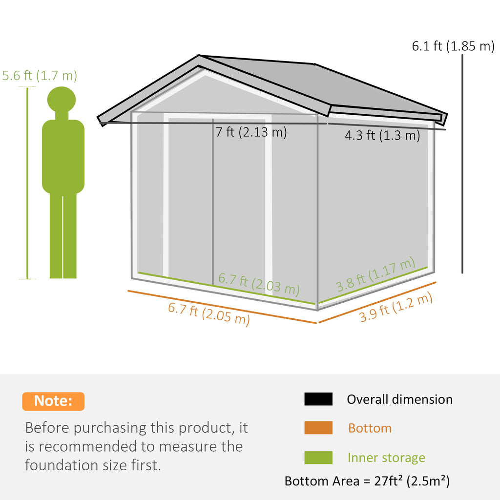 7'x 4'x 6' Garden Tool Shed Metal Storage Shed w/ Foundation Kit and Double Doors Silver