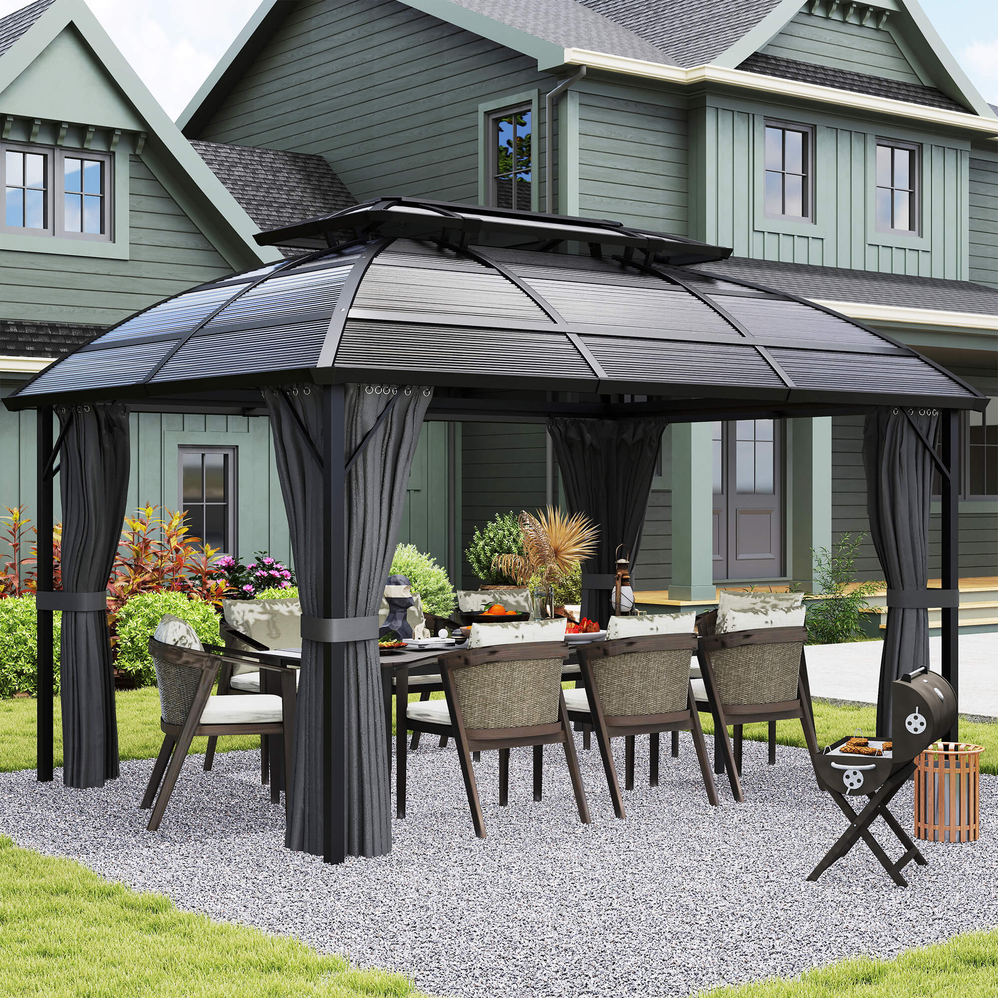 13' x 10' Patio Gazebo, Double Roof Outdoor Gazebo Canopy Shelter with Curtains and Aluminium Frame for Garden, Black