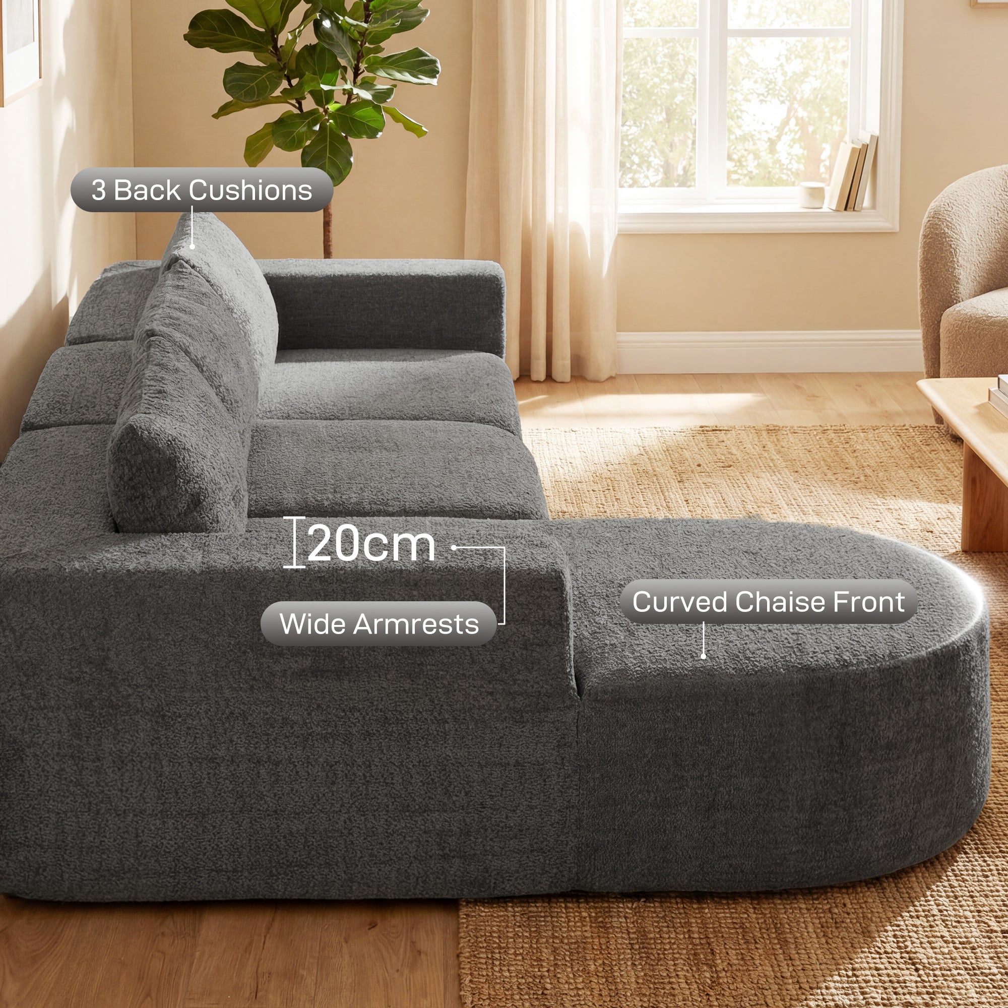 L Shaped Cloud Boneless Couch, Modular Sectional Sofa with Chaise and Deep Seat for Living Room, Bedroom, Dark Grey