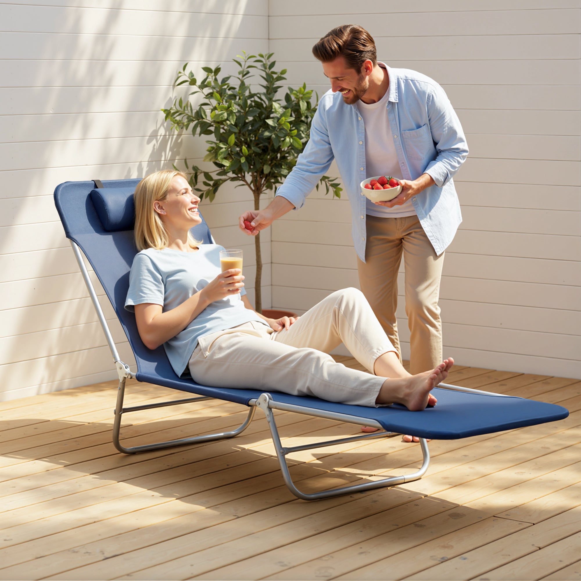 Outdoor Lounge Chair, Portable Adjustable Reclining Seat Folding Chaise Lounge Patio Camping Beach Tanning Chair Bed with Pillow, Dark Blue