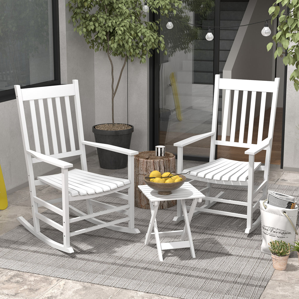 3 Pieces Outdoor Rocking Chair Set, Wooden Patio Rocking Chair Set with Folding Table, High Back and Armrests, White