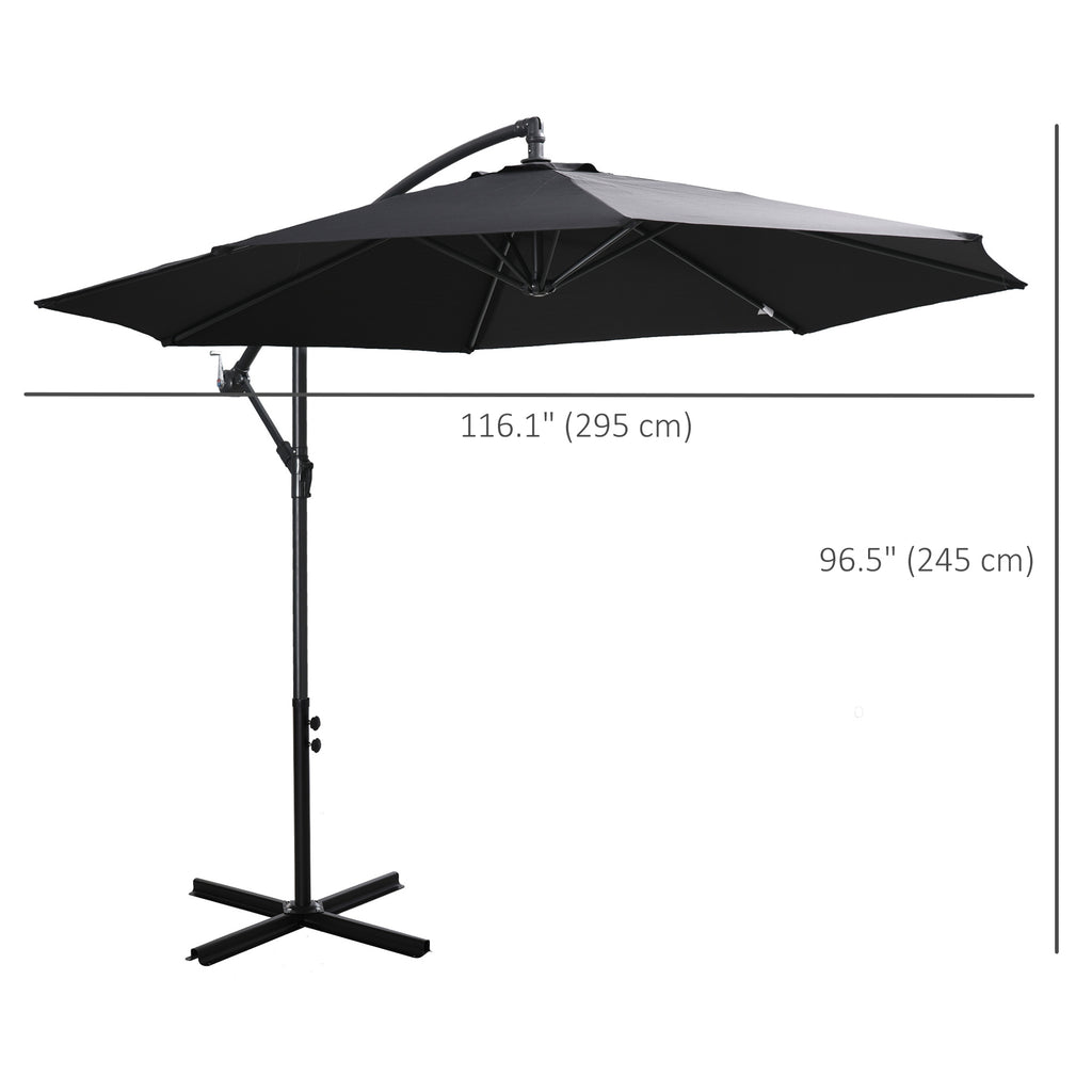 9.7ft Offset Patio UmbrellaCantilever Parasol with Crank Handle, 8 Ribs and Cross Base for Outdoor, Sun Shade, Black