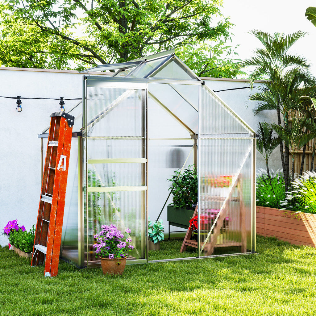 6' x 4' x 6.6' Walk-in Greenhouse, Polycarbonate Greenhouse with Adjustable Roof Vent, Base, Sliding Door, Clear