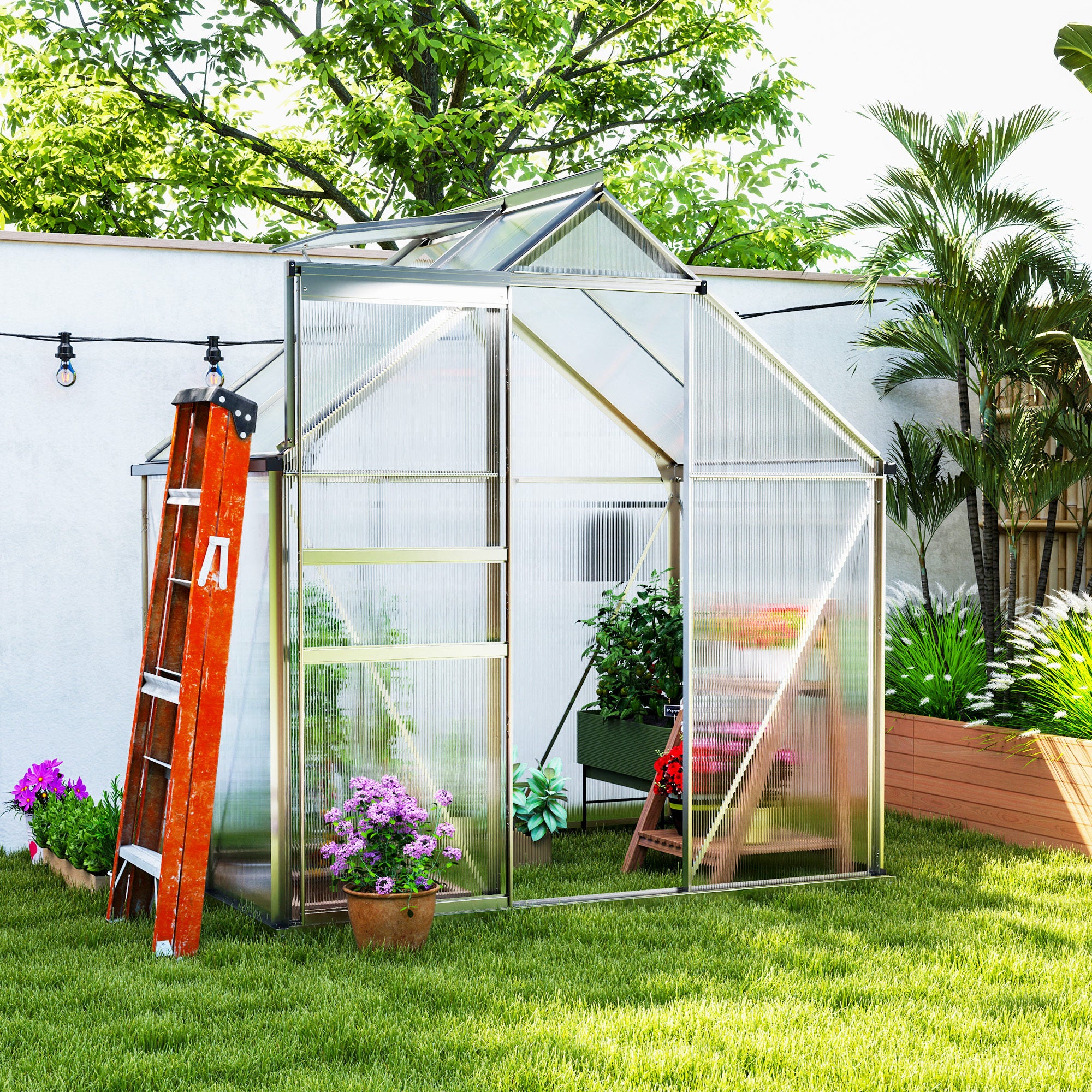 6' x 4' x 6.6' Walk-in Greenhouse, Polycarbonate Greenhouse with Adjustable Roof Vent, Base, Sliding Door, Clear