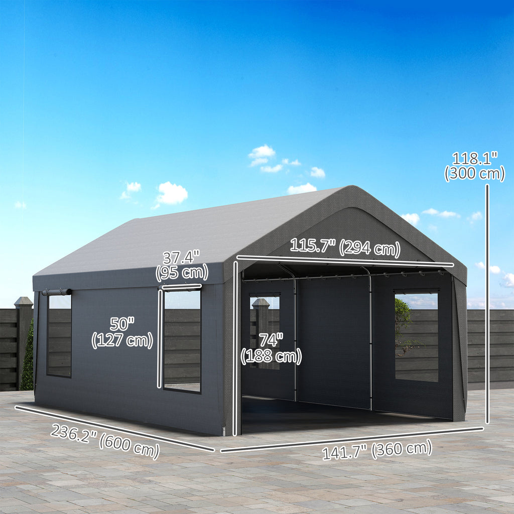 12 x 20ft Carport with 2 Roll-Up Doors, 4 Windows, Portable Garage with Removable Sidewalls for Car, Truck, Dark Grey