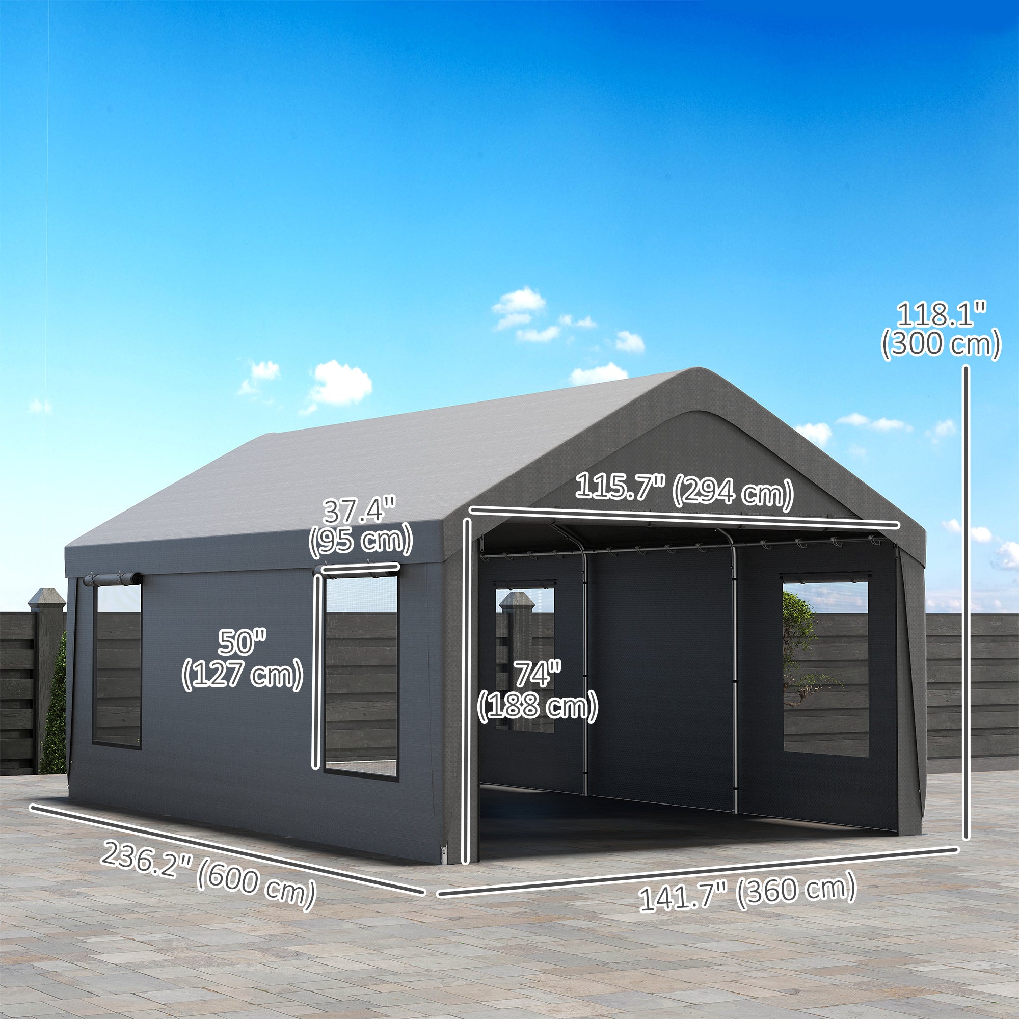 12 x 20ft Carport with 2 Roll-Up Doors, 4 Windows, Portable Garage with Removable Sidewalls for Car, Truck, Dark Grey