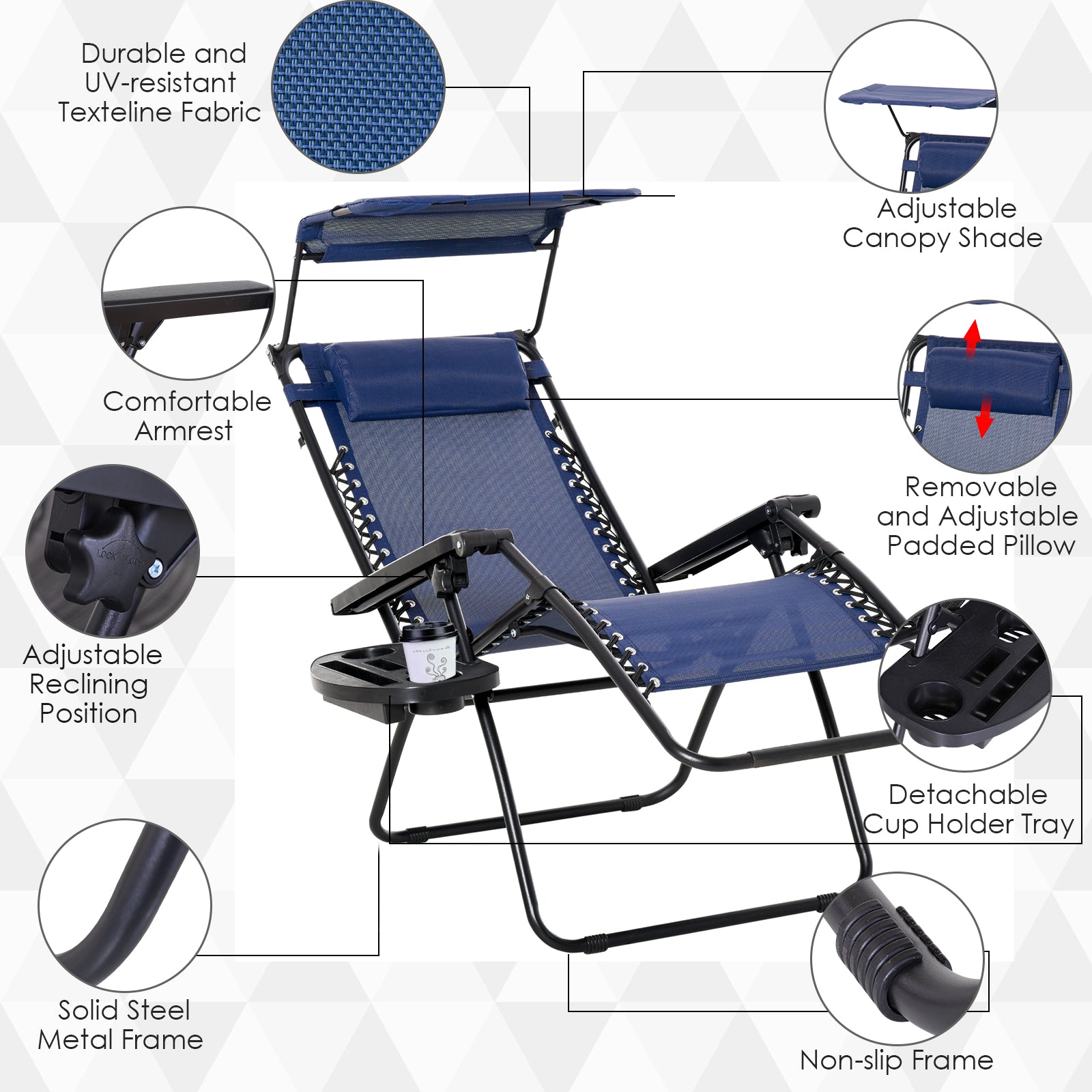 Zero Gravity Chair Set of 2 with Canopy Shade, Outdoor Folding Lounge Chair with Side Tray, Cup Holder, Reclining Lounger with Breathable Mesh Seat and Pillow, Blue