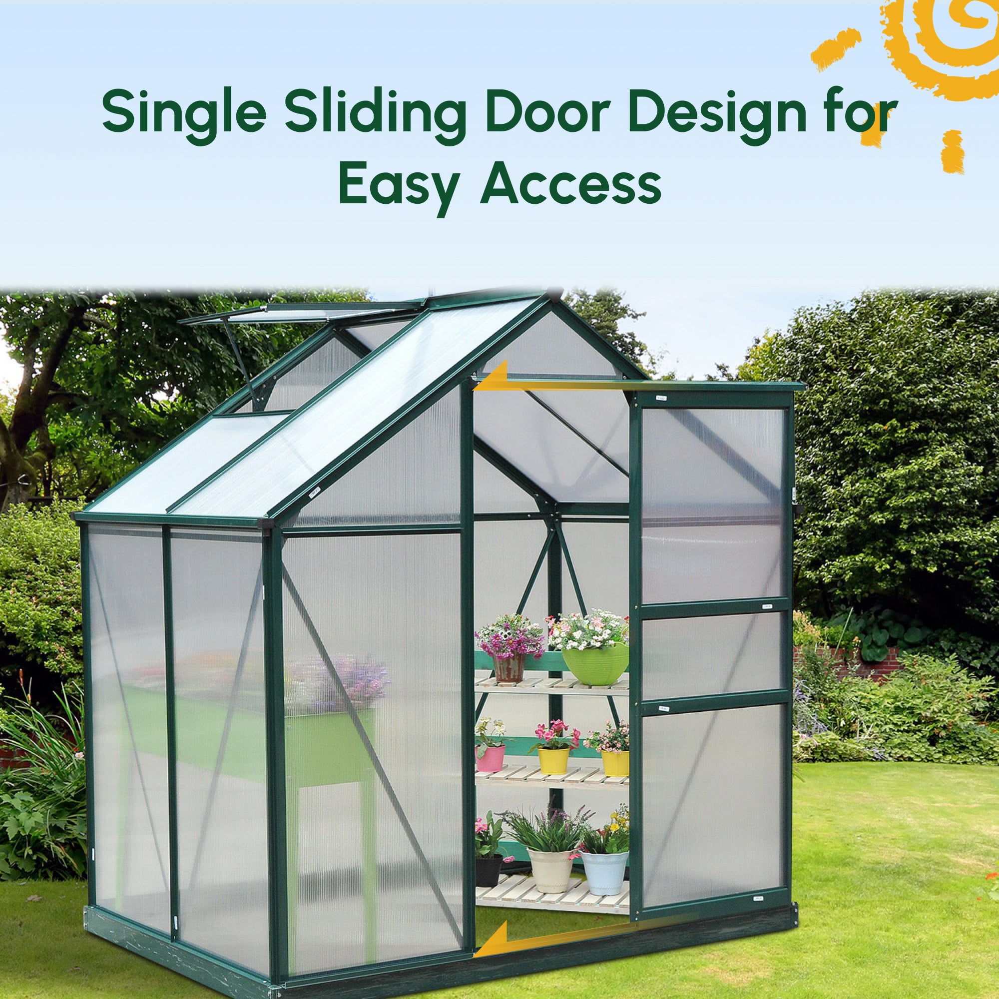 Small Greenhouse with Galvanized Base and Slide Door, 6.2x4.3 Walk-In Polycarbonate Greenhouse, Clear