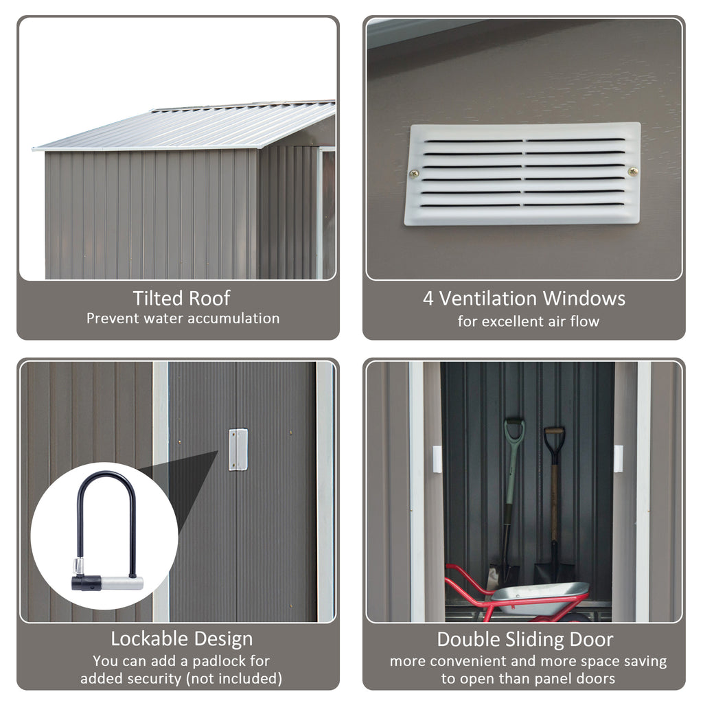 9'x6.3'Garden Storage Outdoor Shed w/ Floor Foundation Outdoor Yard Metal Tool Storage House Grey White