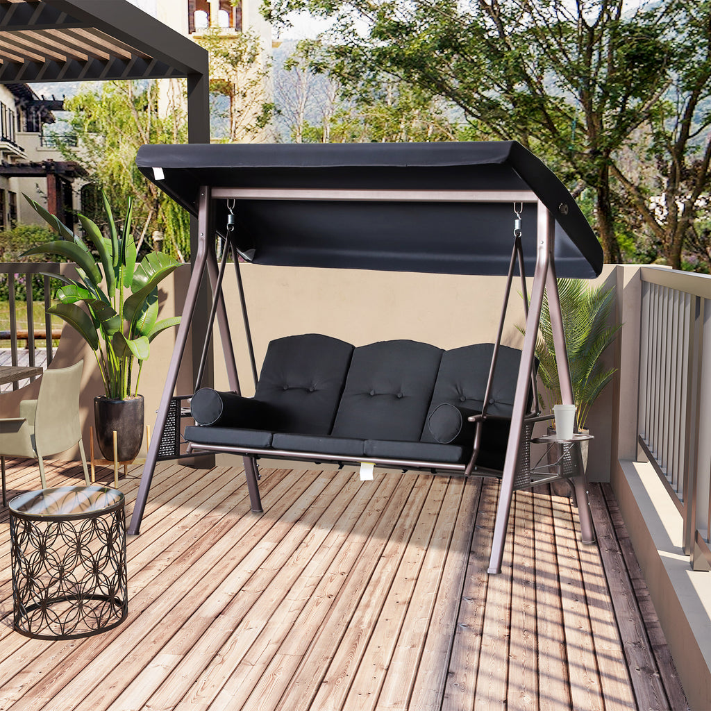 Outdoor Patio 3-Person Steel Canopy Cushioned Seat Bench Swing with Included Side Trays & Padded Comfort, Black