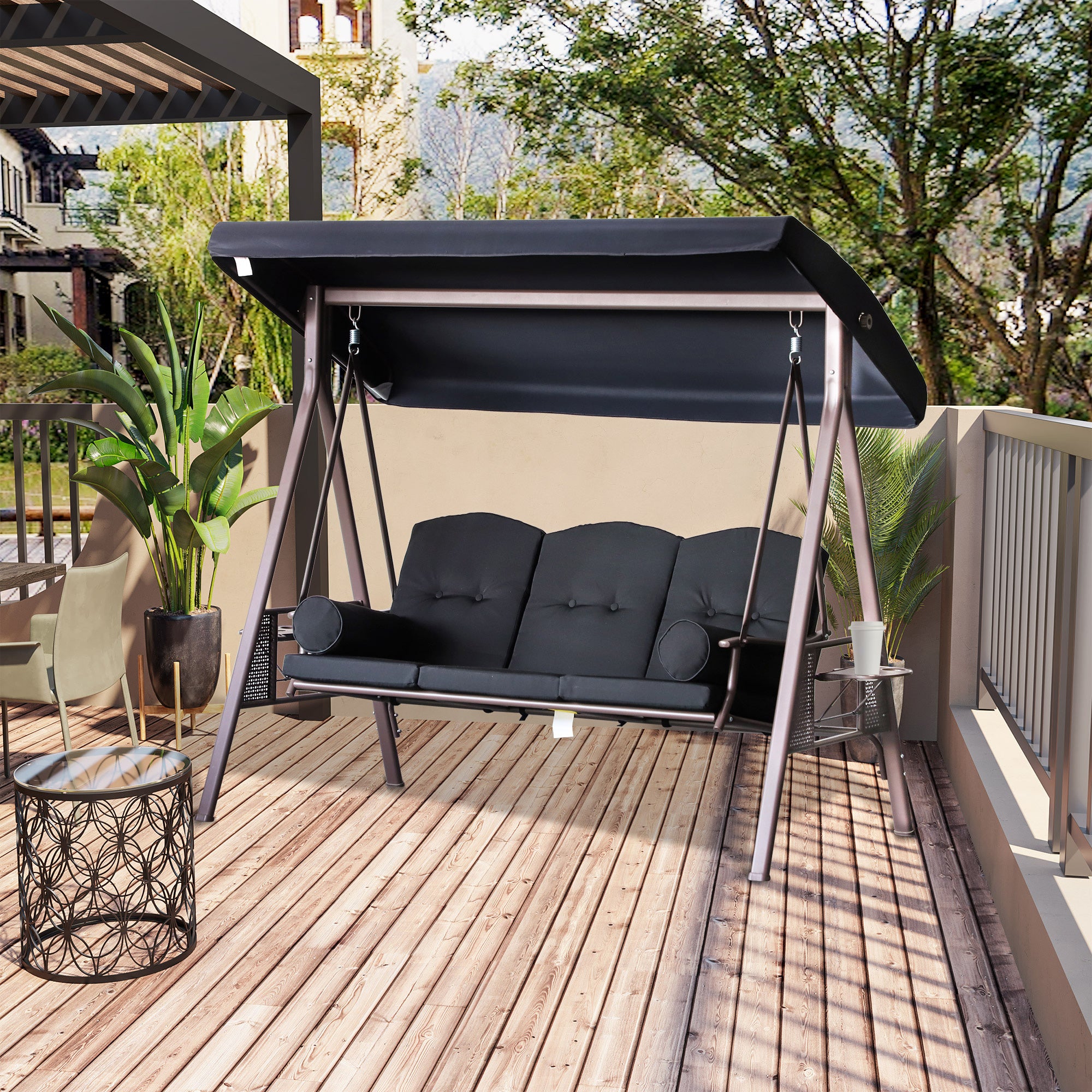 Outdoor Patio 3-Person Steel Canopy Cushioned Seat Bench Swing with Included Side Trays & Padded Comfort, Black