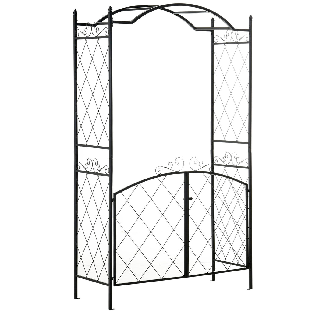 7FT Metal Garden Arch with Gate Climbing Planter Frame Backyard Decor for Vines Morning Glory Black