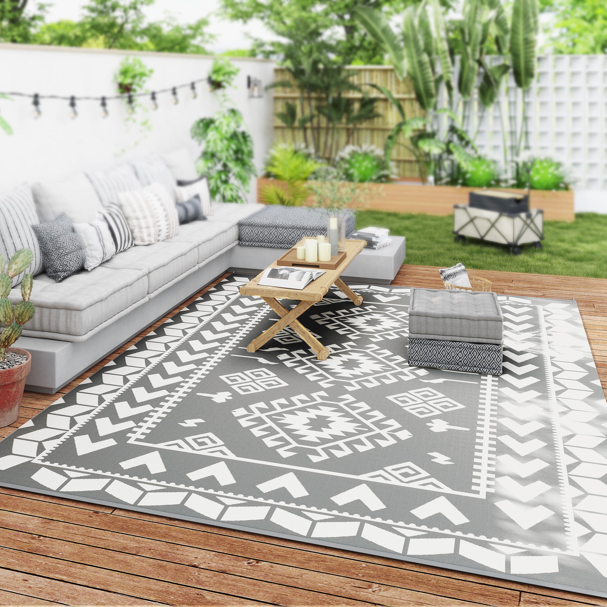 9' x 12' Outdoor RV Rug, Reversible Patio Floor Mat with Carry Bag, Rhombus Patchwork, Grey and White