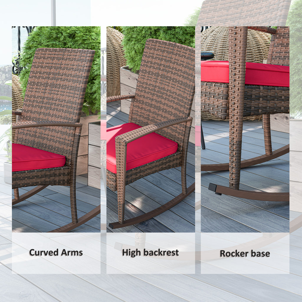 Outdoor PE Rattan Rocking Chair, Garden Glider Rocking Chair, Wicker Patio Chair Set with Armrest and Cushion, Wine Red