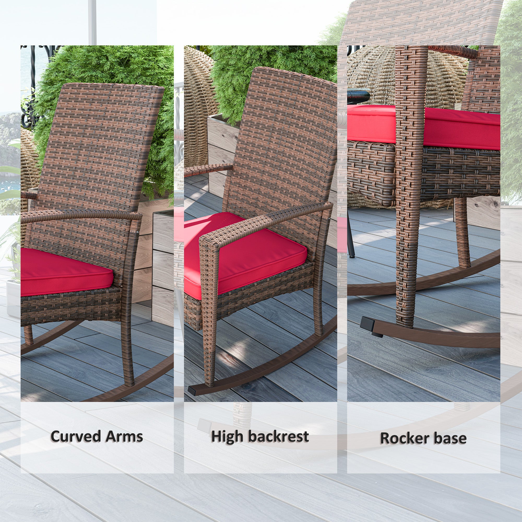 Outdoor PE Rattan Rocking Chair, Garden Glider Rocking Chair, Wicker Patio Chair Set with Armrest and Cushion, Wine Red