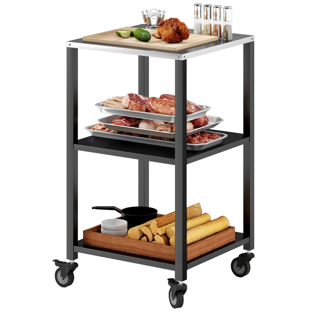 Outdoor Grill Cart, Pizza Oven Stand with Stainless Steel Top, 3-Tier Rolling Kitchen Prep Station with Wheels, Black